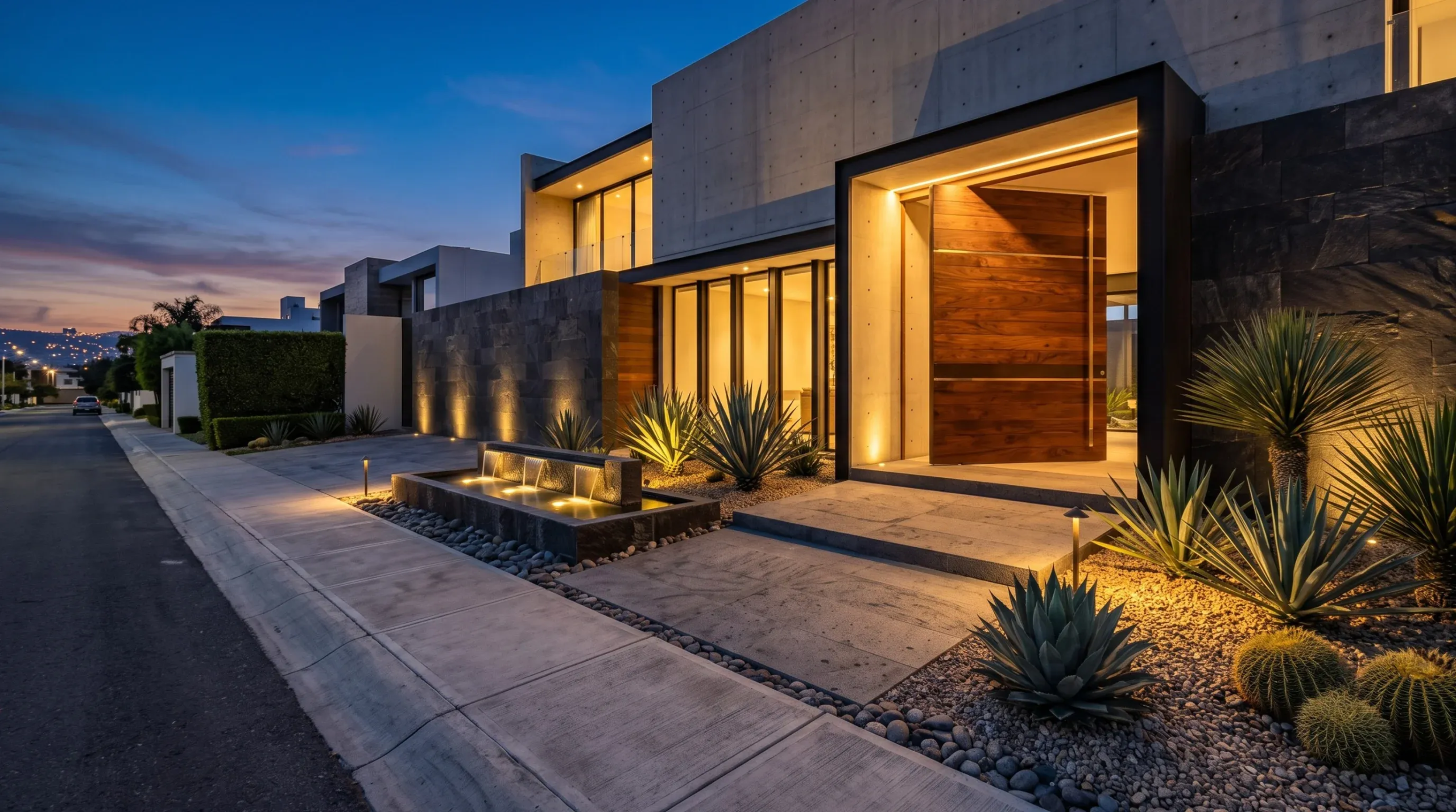 Entrada moderna de casa de lujo con gran puerta pivotante de madera, fuente de agua y jardiner&iacute;a des&eacute;rtica con iluminaci&oacute;n, dise&ntilde;o de RBA Residences en Zapopan.