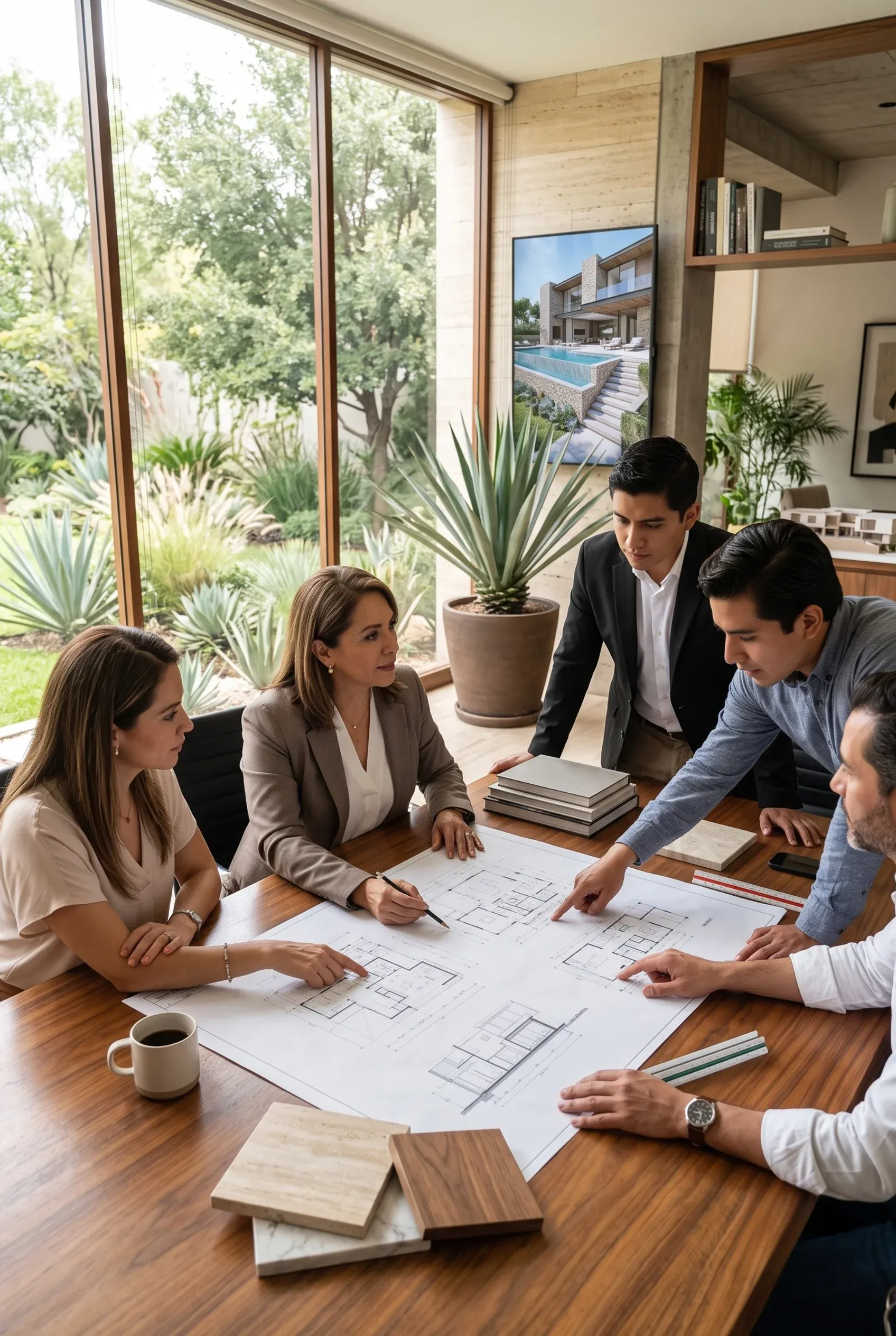 Equipo senior de construcción de RBA Residences explicando el plano de un proyecto a un cliente sobre una mesa en una oficina amueblada en Zapopan.