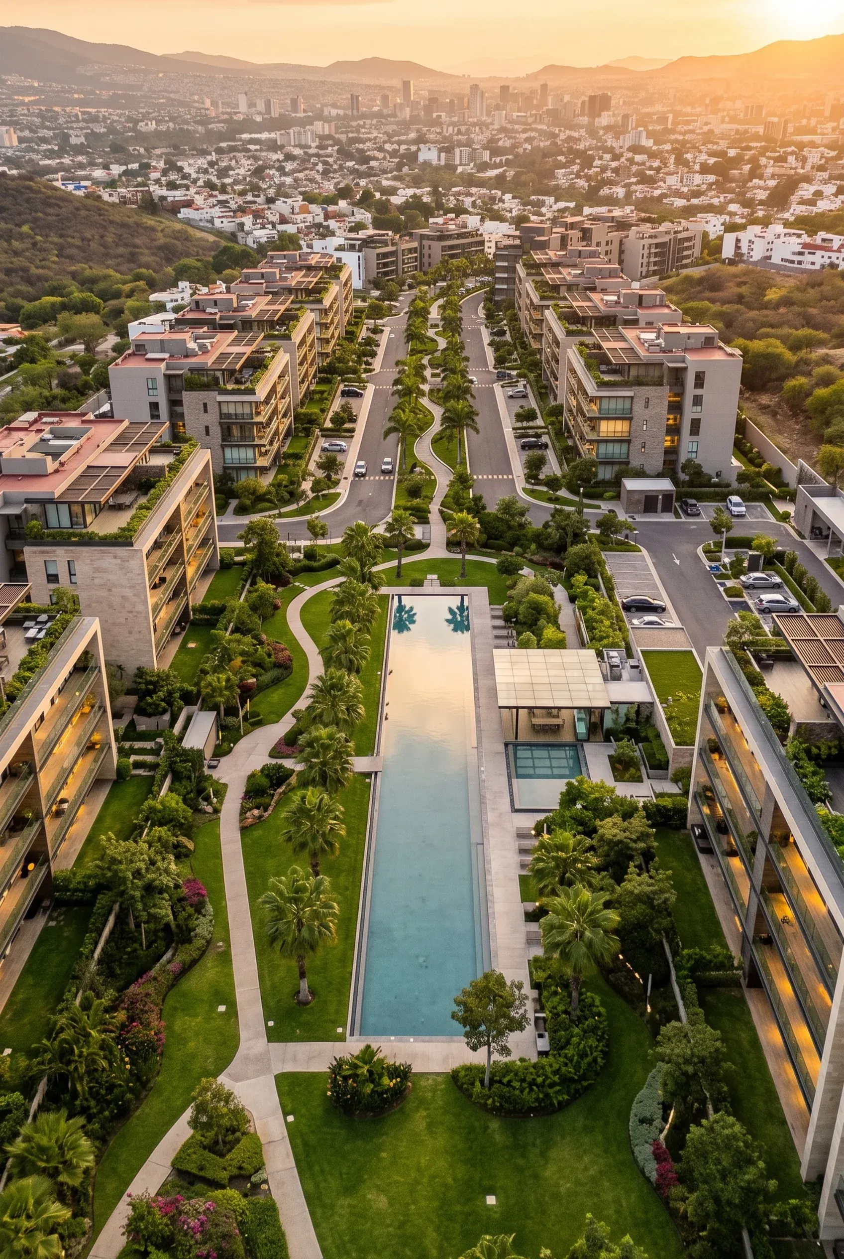 Vista aérea de un complejo residencial de lujo con alberca central, jardines paisajísticos, palmeras y edificios modernos, desarrollo de RBA Residences en Zapopan.