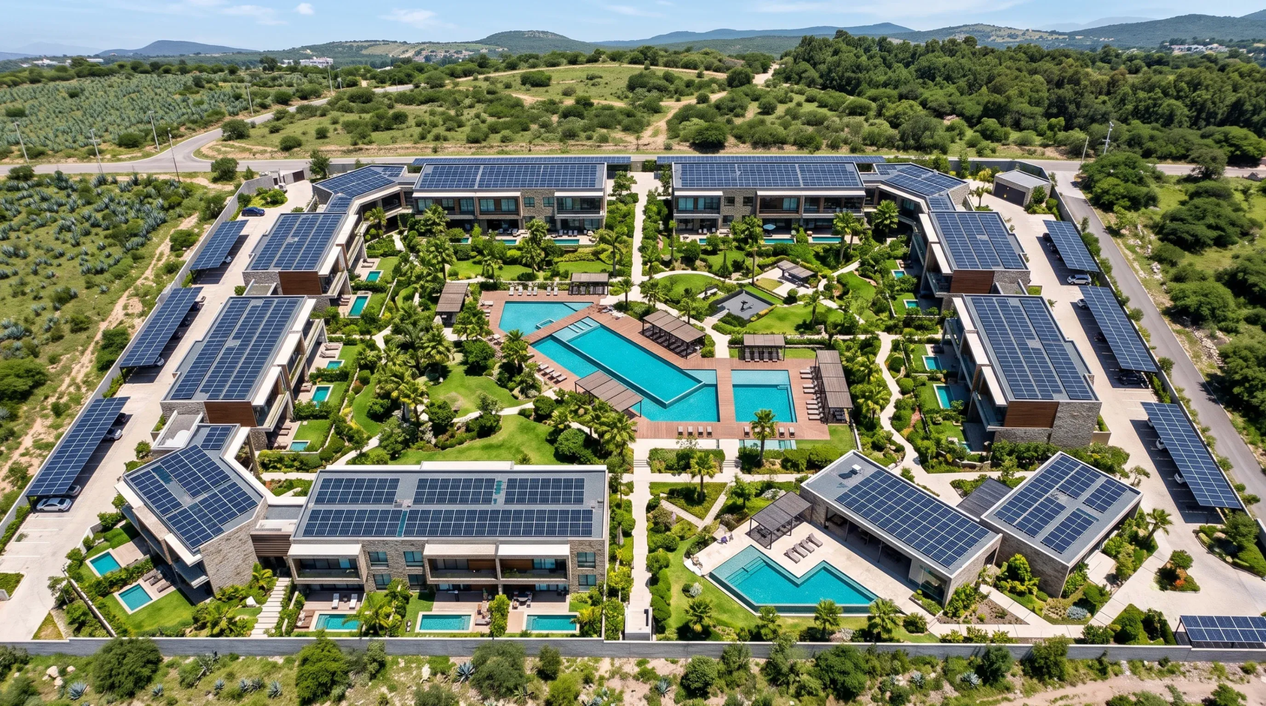 Vista aérea de un complejo residencial moderno con paneles solares, múltiples albercas y áreas verdes centrales, desarrollo de RBA Residences en Zapopan.