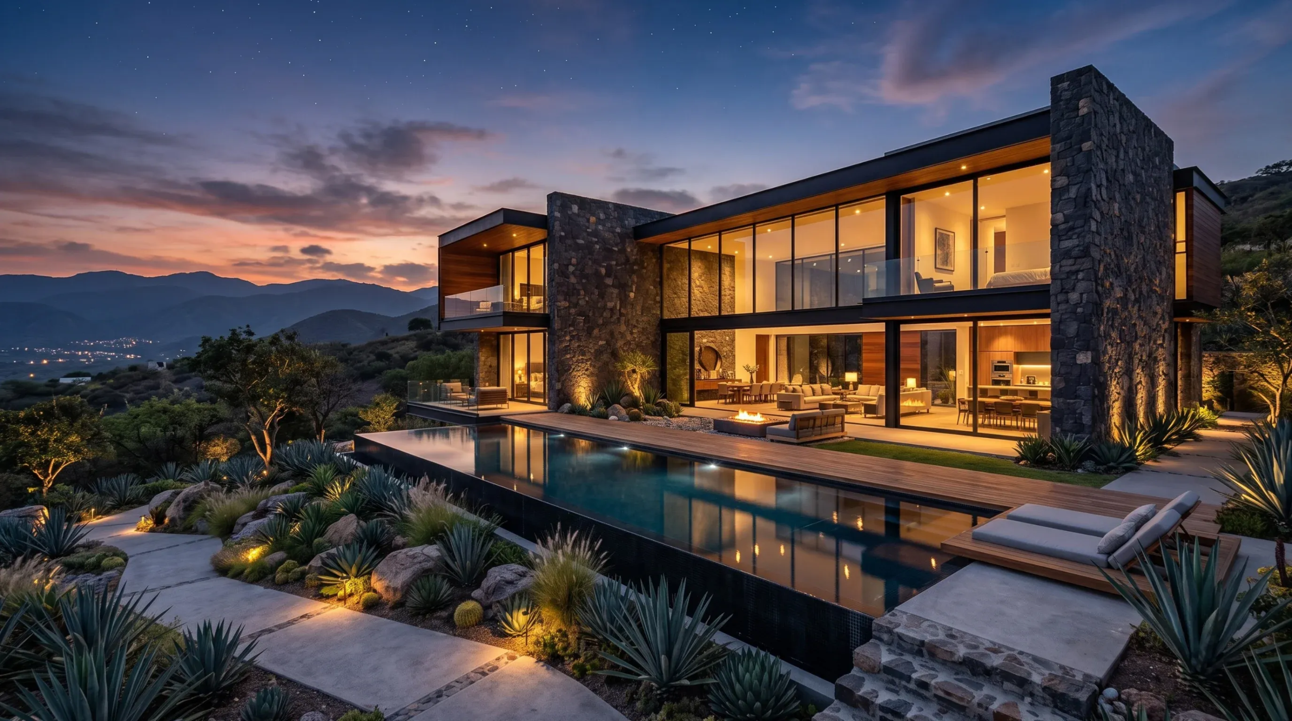 Vista nocturna de una mansión de lujo con piscina y jardín frontal iluminados, diseño exterior de RBA Residences en Zapopan.