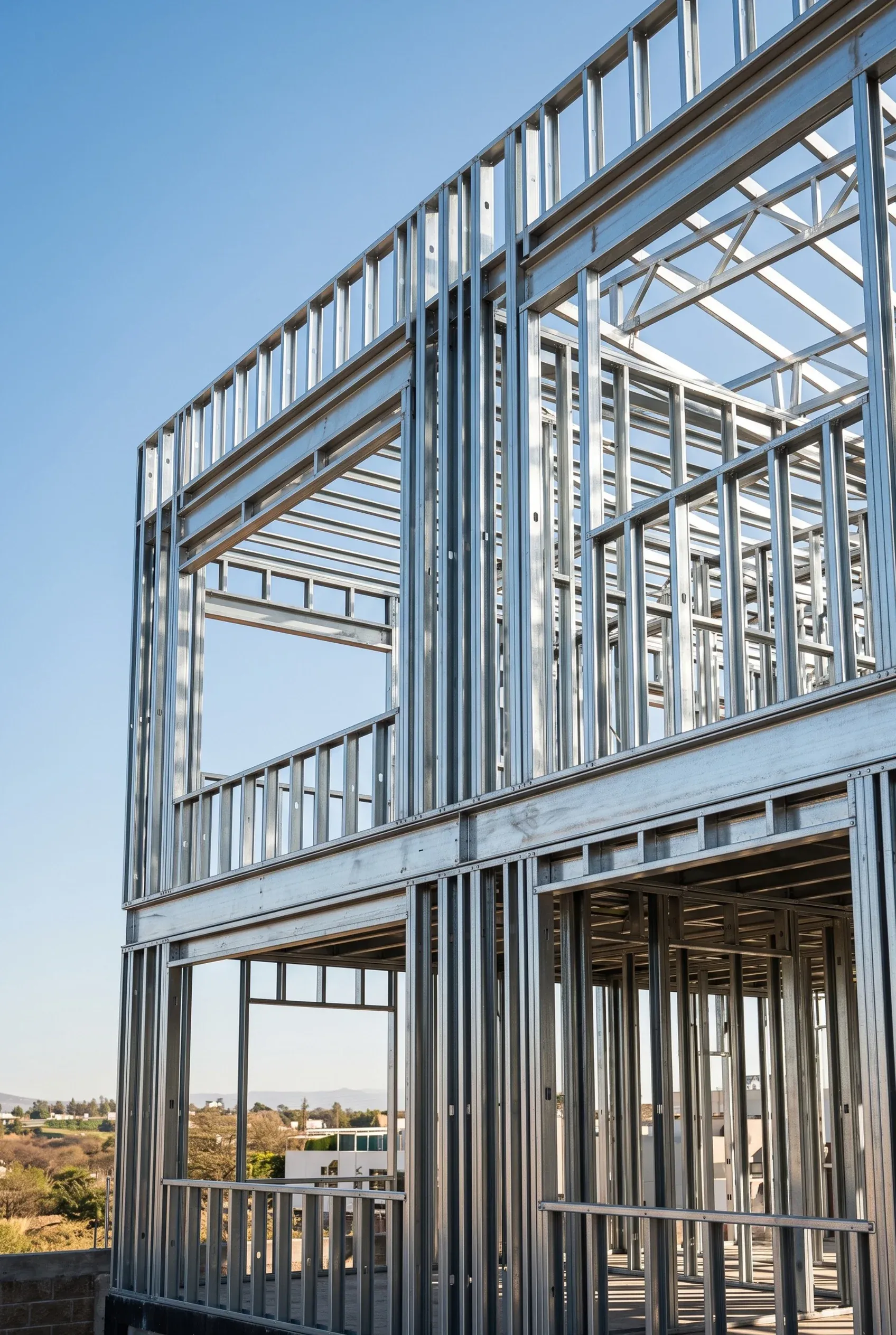 Estructura de acero y vigas metálicas siendo instaladas en el sitio de construcción de una residencia de lujo, desarrollo de RBA Residences en Zapopan.
