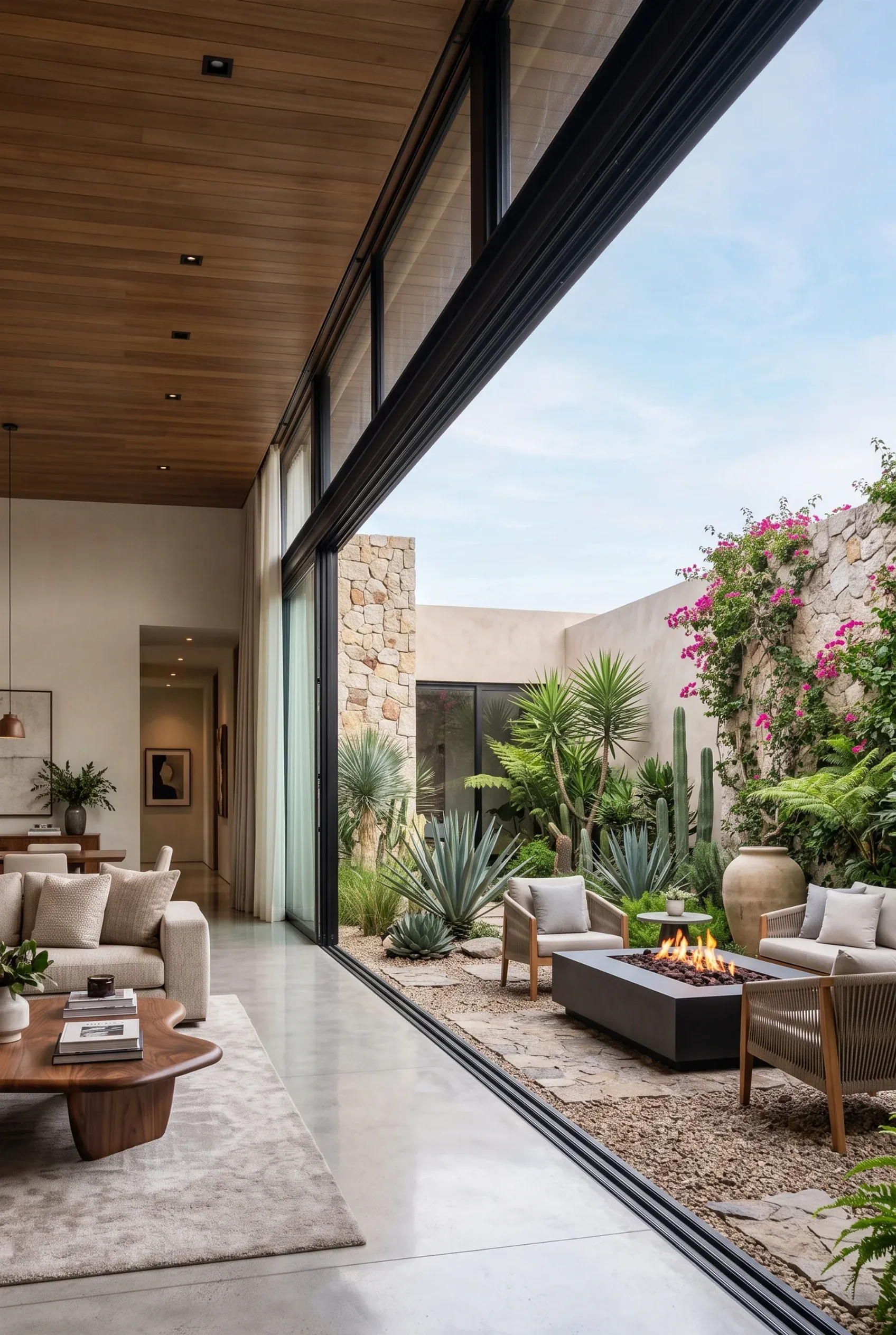 Espacio interior-exterior moderno con puertas de vidrio corredizas hacia un patio privado con fogata, muro de piedra y flora desértica, diseño de RBA Residences en Zapopan.
