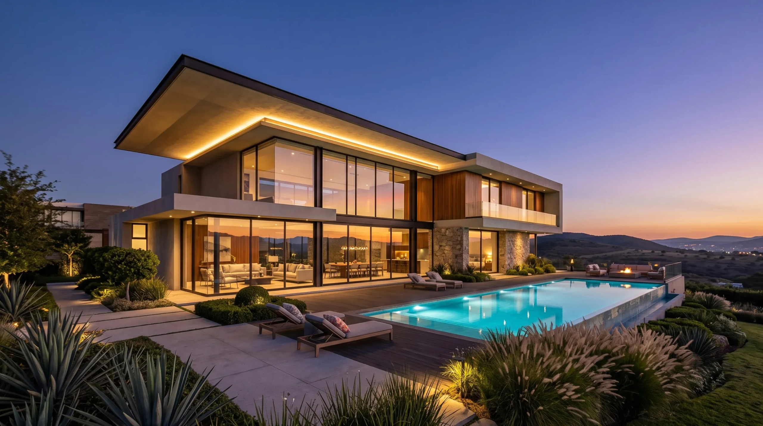 Vista al atardecer de una casa moderna de lujo con muros de vidrio de piso a techo, piscina iluminada, tumbonas y jardinería desértica, diseño de RBA Residences en Zapopan.