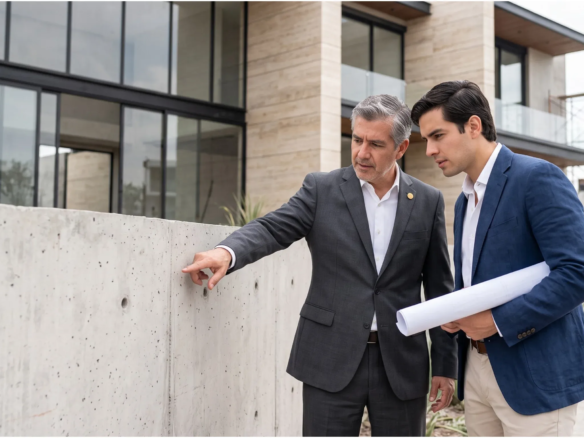 Arquitecto de RBA Residences explicando detalles de acabados en muros a un cliente directamente en el sitio de construcción de una residencia de lujo moderna en Zapopan.