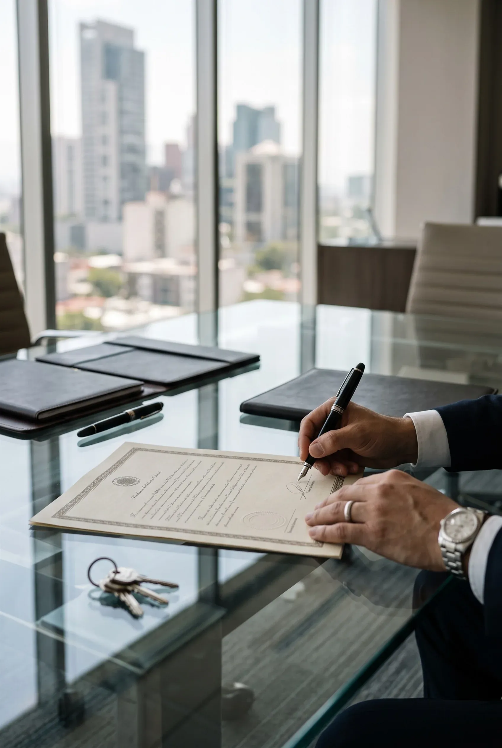 Primer plano de una persona firmando un documento inmobiliario con pluma fuente en una mesa de cristal, con vista a la ciudad, cierre de proyecto de RBA Residences en Zapopan.