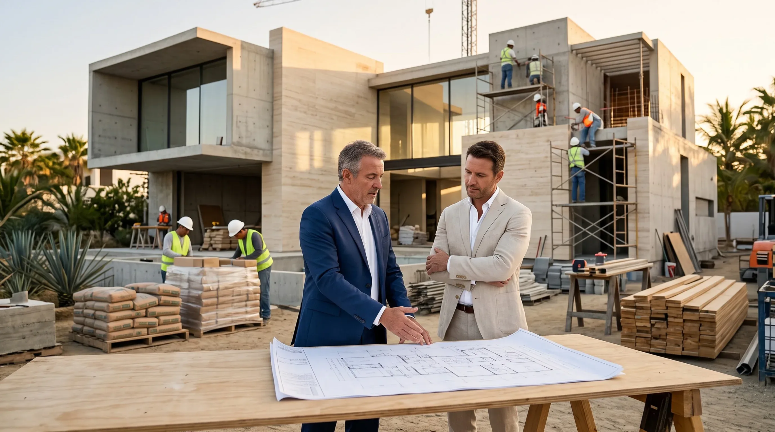 Ejecutivo senior de RBA Residences explicando el mapa del proyecto a un cliente en una mesa dentro de un sitio de construcci&oacute;n con 60% de avance, con trabajadores en segundo plano, especialistas en residencias de lujo en Zapopan.