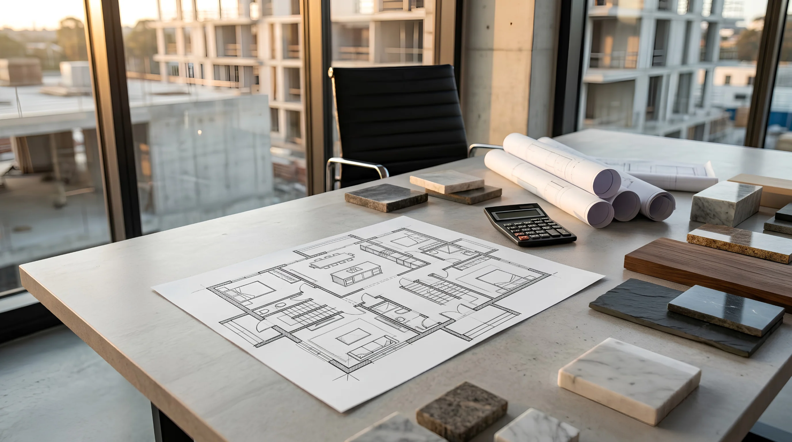 Vista del sitio de construcción desde la oficina con un mapa de obra extendido sobre la mesa, planificación estratégica de RBA Residences en Zapopan.