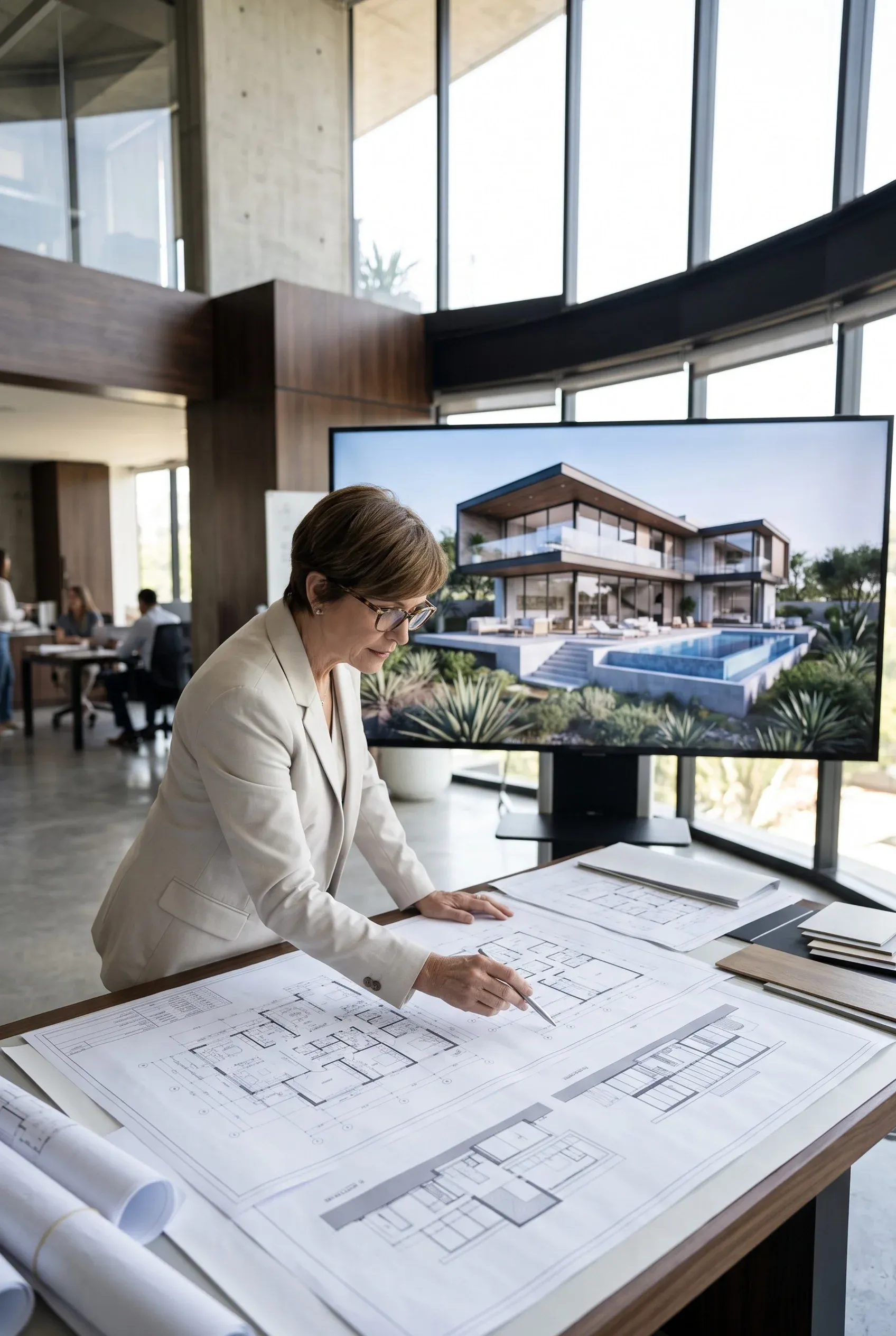 Arquitecta de RBA Residences revisando planos de planta en su escritorio con un diseño de casa en 3D proyectado en una pantalla grande al fondo, especializadas en el diseño de residencias de lujo en Guadalajara.