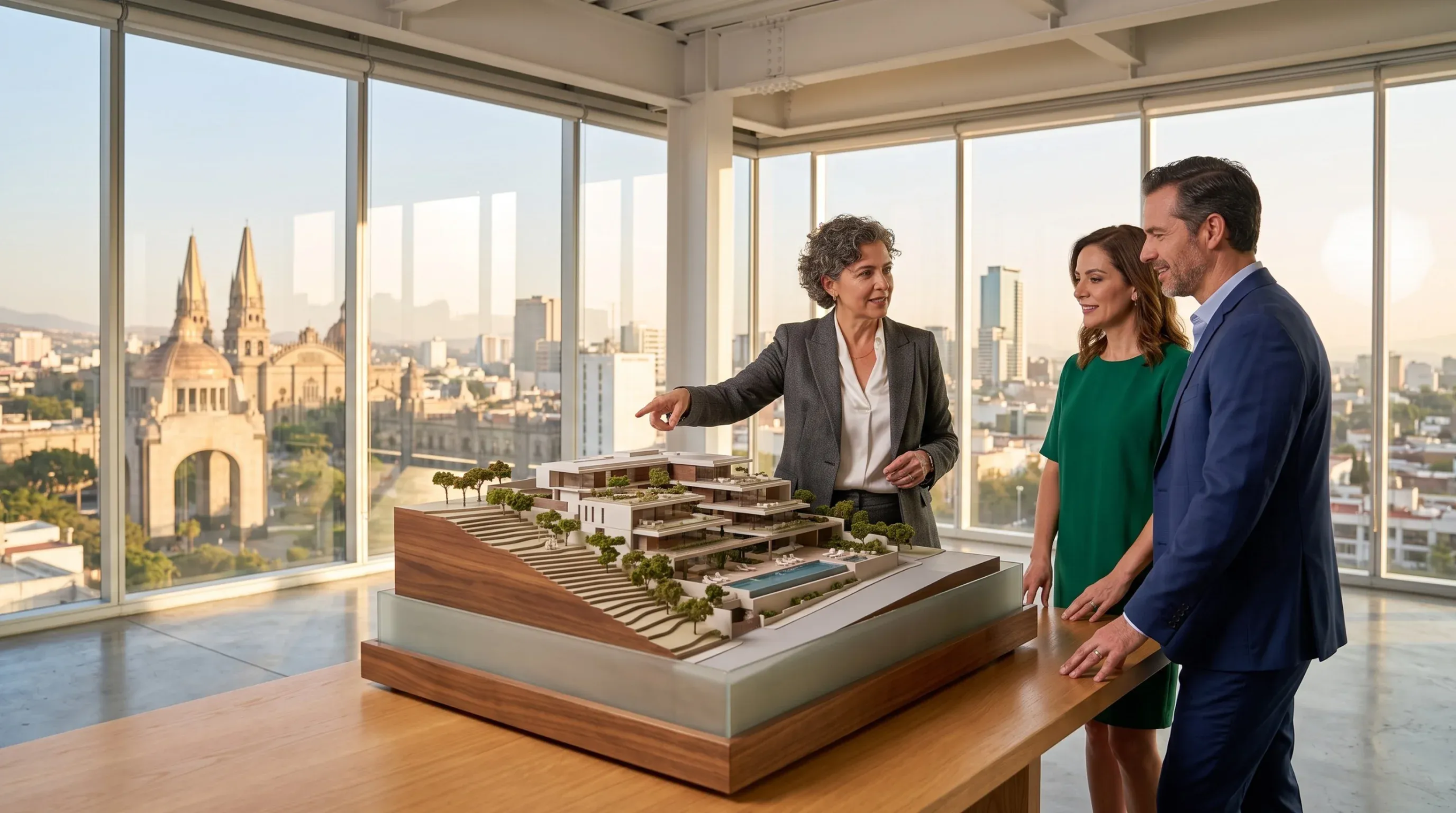 Arquitecta senior de RBA Residences explicando el diseño de una nueva casa a clientes con una maqueta 3D en la mesa de la oficina en Zapopan.