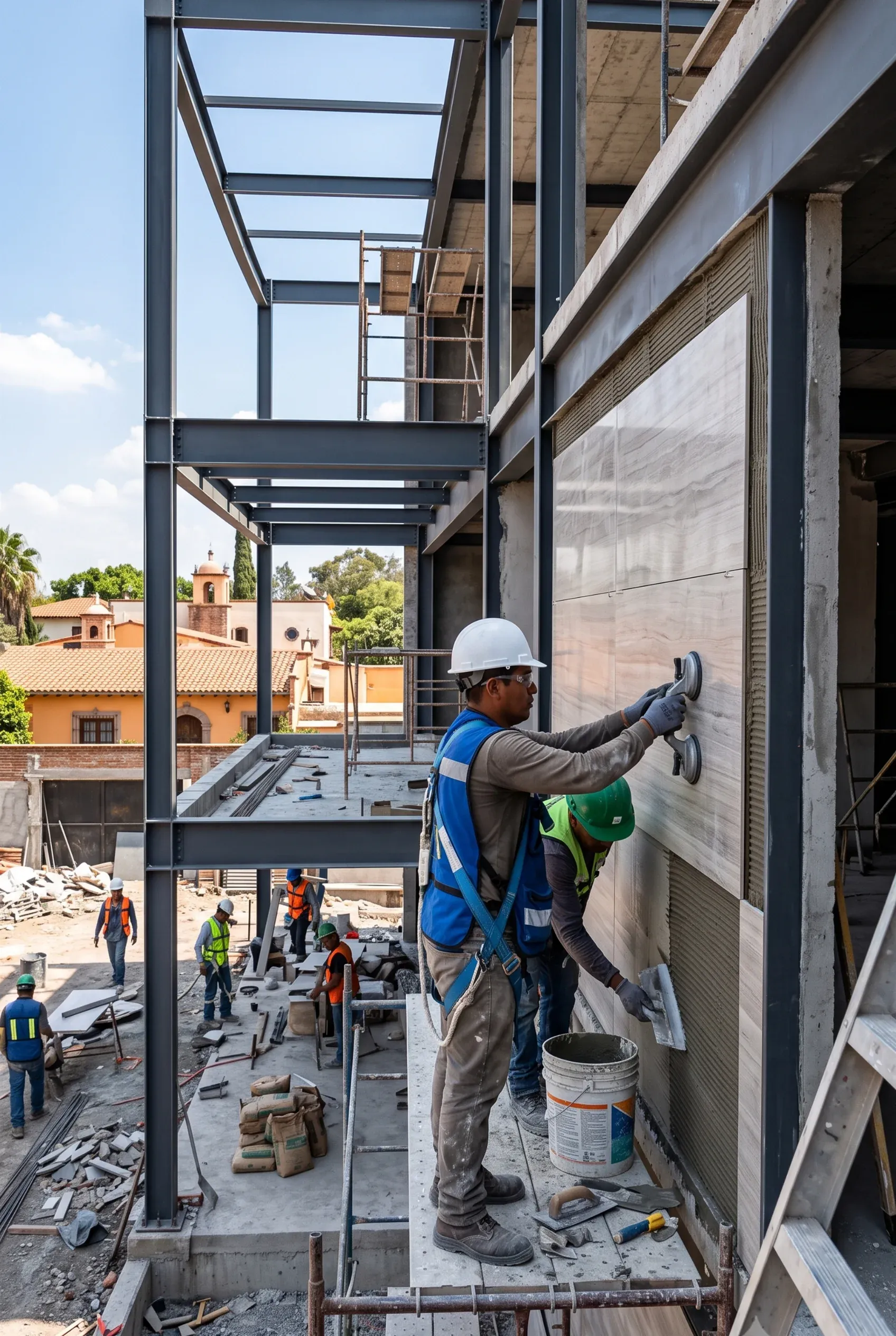 Trabajador aplicando adhesivo para instalar mármol en un muro durante la construcción de una residencia de lujo de RBA Residences en Zapopan.
