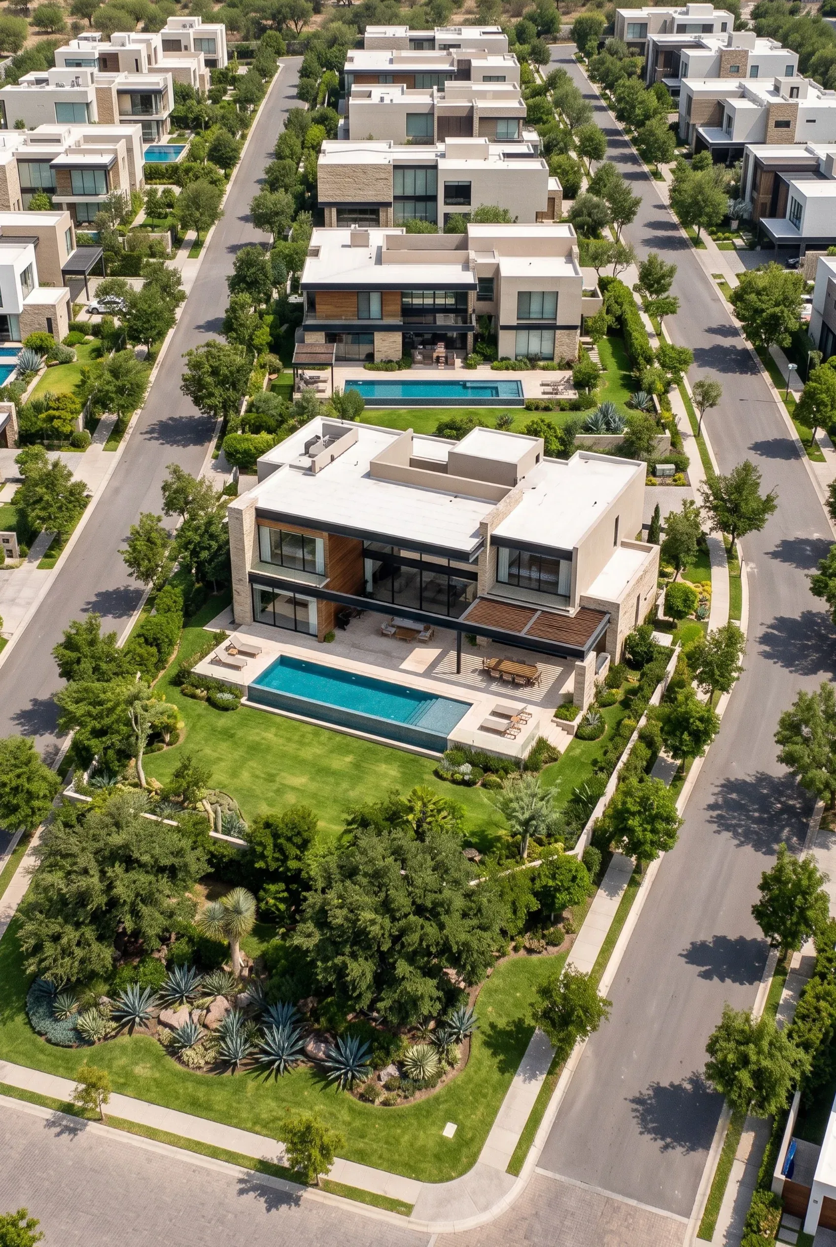 Vista aérea de un fraccionamiento de residencias de lujo con casas modernas, piscinas privadas y jardines paisajísticos, desarrollo de RBA Residences en Zapopan.