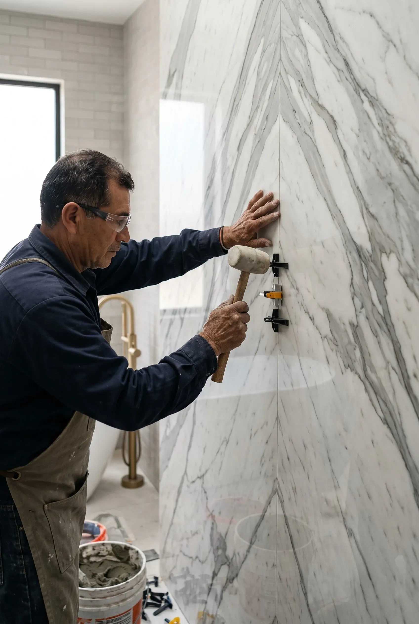Primer plano de un trabajador usando un mazo de goma para alinear azulejos de mármol en una pared, instalación de acabados de RBA Residences en Zapopan.