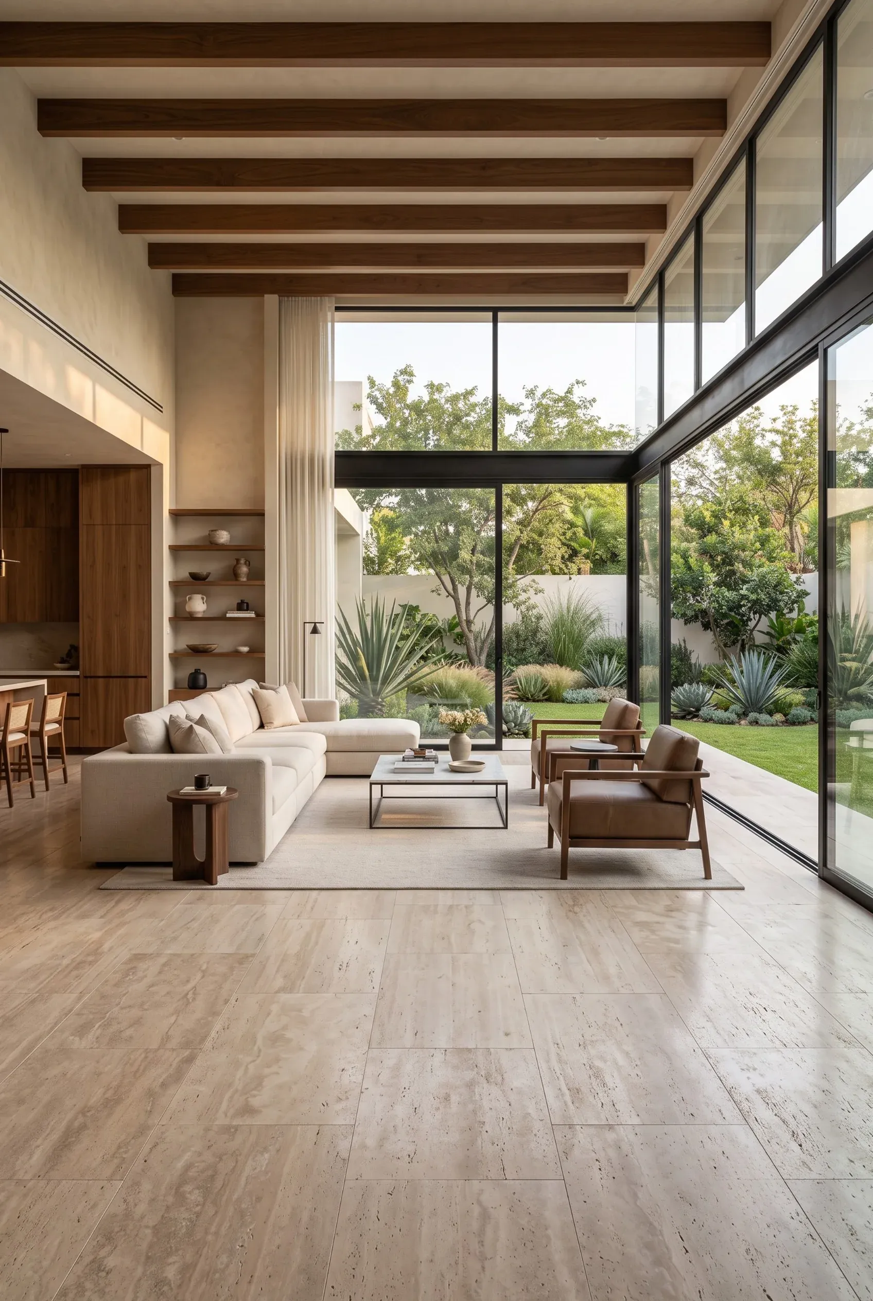 Sala de estar moderna de planta abierta y luminosa con vigas de madera expuestas, puertas corredizas de vidrio de piso a techo y vistas a un jardín exuberante, diseño biofílico de RBA Residences en Zapopan.