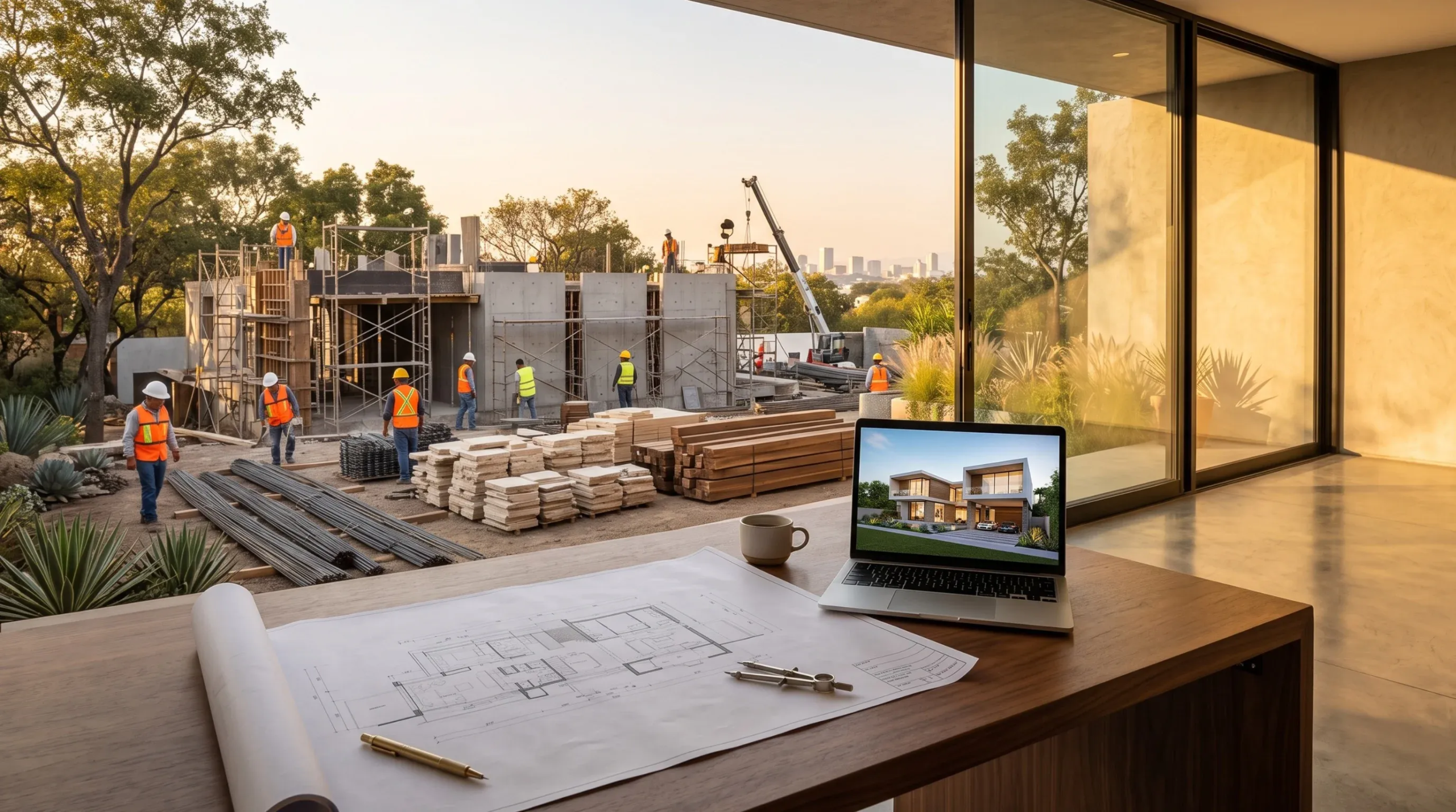 Espacio de trabajo con vista directa a un sitio de construcci&oacute;n activo, con planos arquitect&oacute;nicos y una laptop mostrando renderizados, gesti&oacute;n de proyectos de residencias de lujo por RBA Residences en Zapopan.