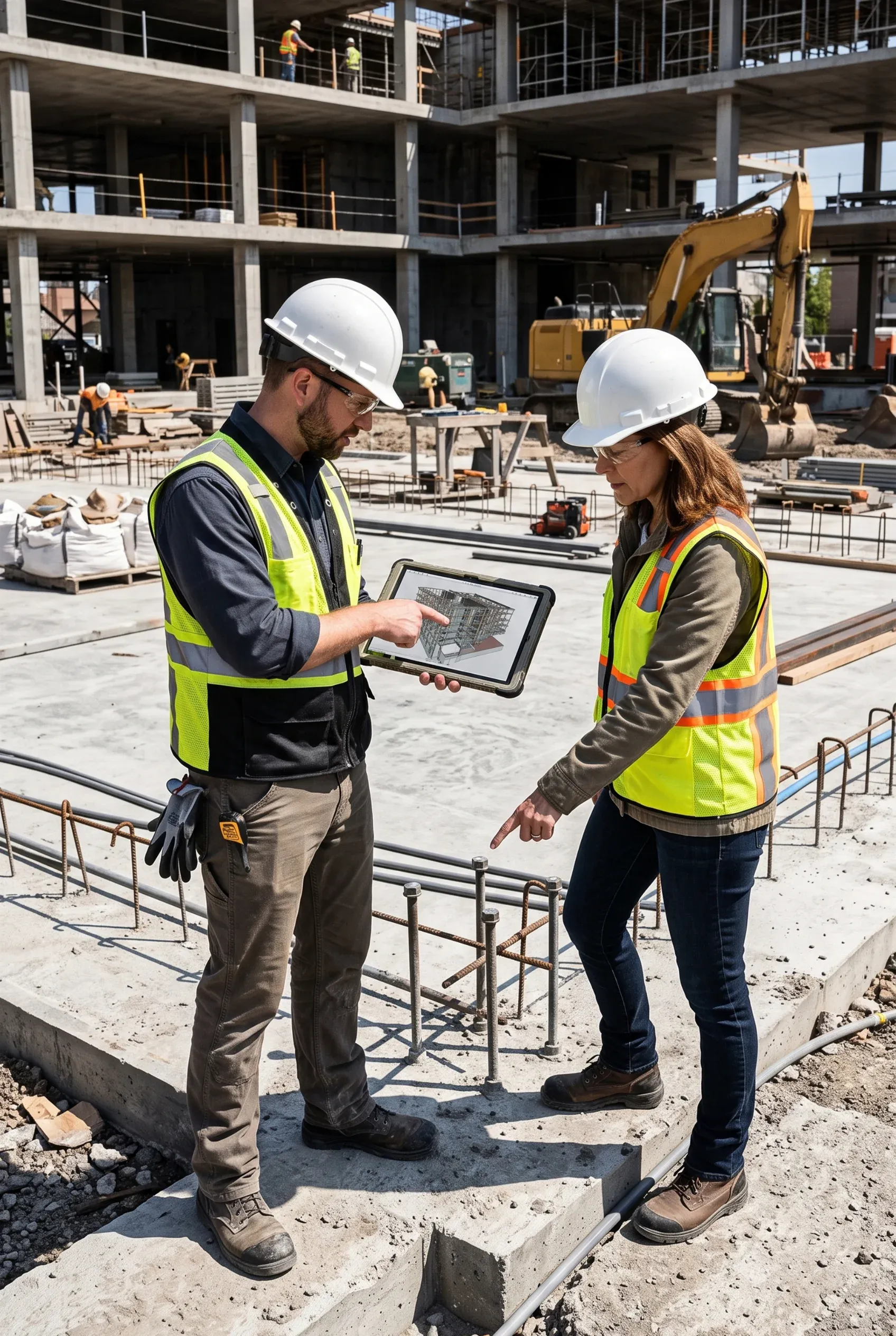 Dos profesionales de la construcción revisando un modelo 3D digital en una tablet en un sitio de obra activo, supervisión técnica de RBA Residences en Zapopan.