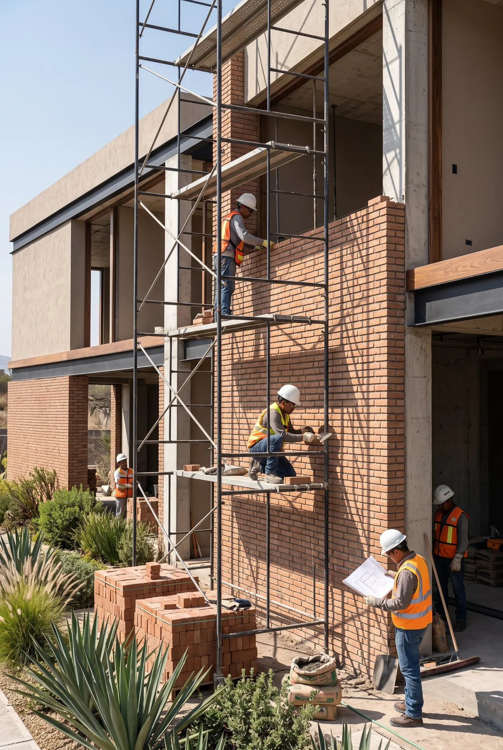 Trabajadores especializados colocando mampostería de ladrillo sobre andamios en el sitio de construcción de una residencia de lujo moderna, ejecución experta de RBA Residences en Zapopan.