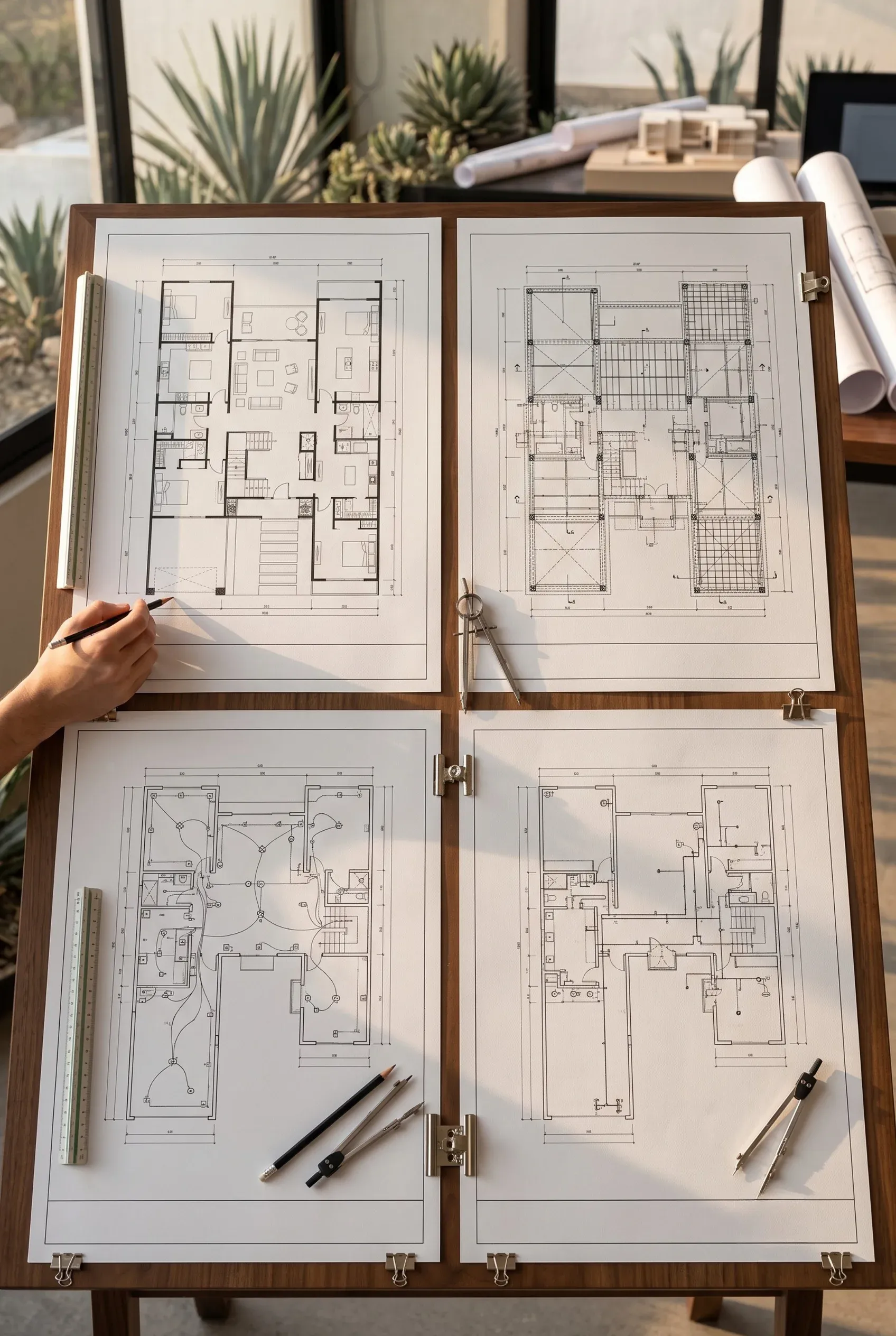 Planos arquitectónicos detallados y herramientas de dibujo técnico sobre una mesa, representando la fase de diseño y precisión en la creación de residencias de lujo por RBA Residences en Guadalajara.