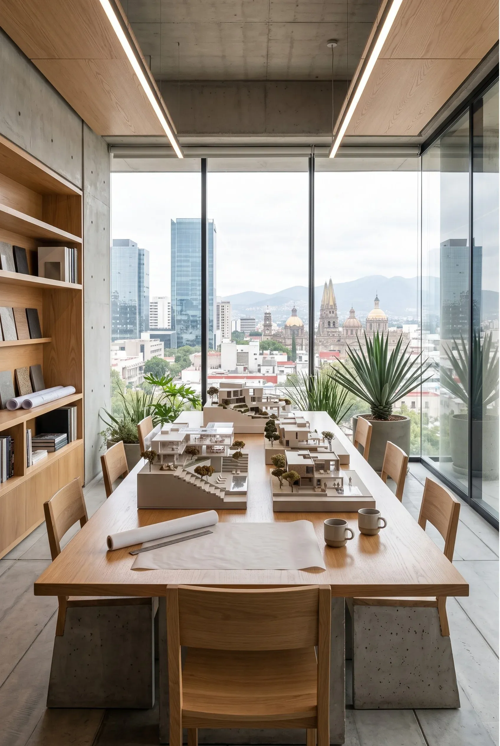 Oficina con vista a la Ciudad de México, mostrando un mapa y una maqueta 3D sobre la mesa, planificación de residencias de lujo por RBA Residences.