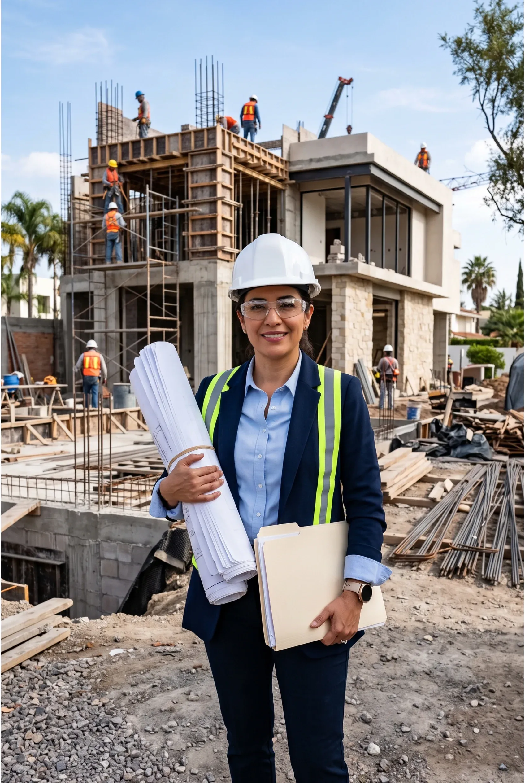 rquitecta senior de RBA Residences posando con confianza en un sitio de construcción, sosteniendo un mapa enrollado y una guía, supervisando el desarrollo de residencias de lujo en Zapopan.