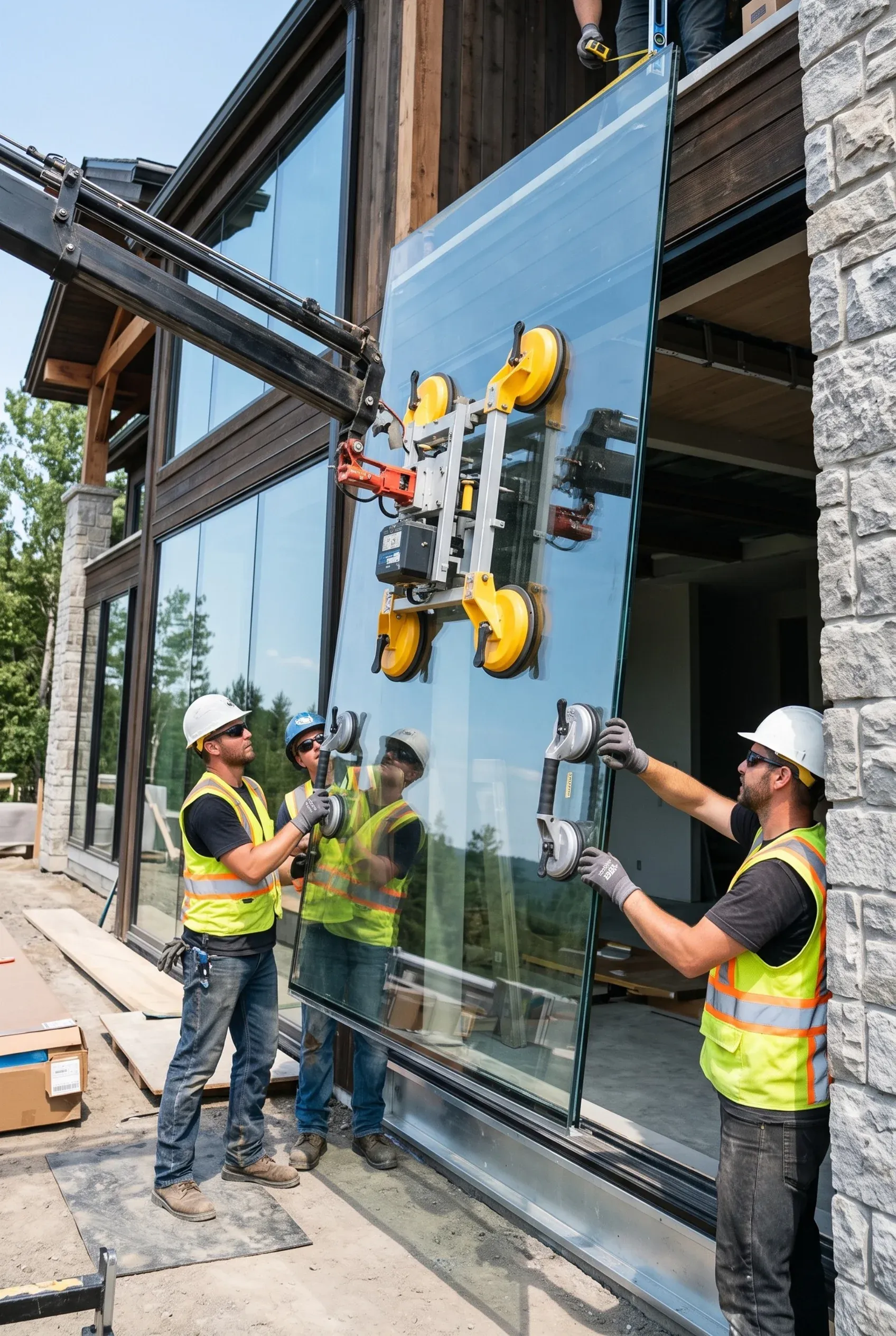 Trabajadores usando elevadores de vacío para instalar un gran panel de vidrio en la fachada de una residencia de lujo moderna, proyecto de RBA Residences en Zapopan.