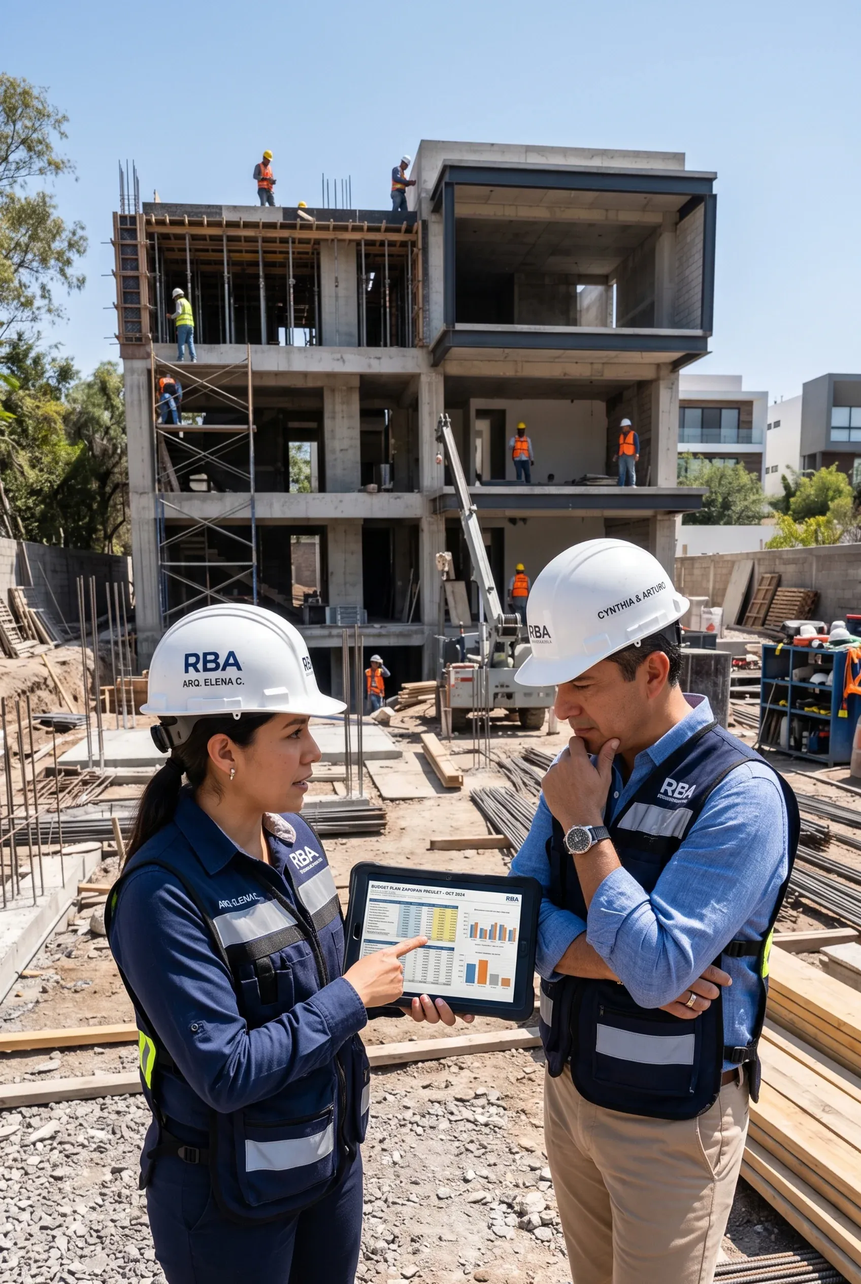 Arquitecto y colega de RBA Residences revisando analíticas del proyecto en una tablet directamente en un sitio de construcción activo de residencias de lujo en Zapopan.