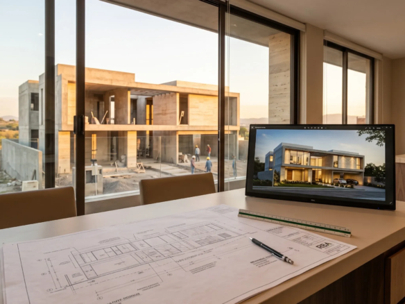 Mesa de trabajo en oficina con vista directa al sitio de construcción, mostrando una laptop con modelo 3D y planos arquitectónicos, planificación de residencias de lujo por RBA Residences en Zapopan.