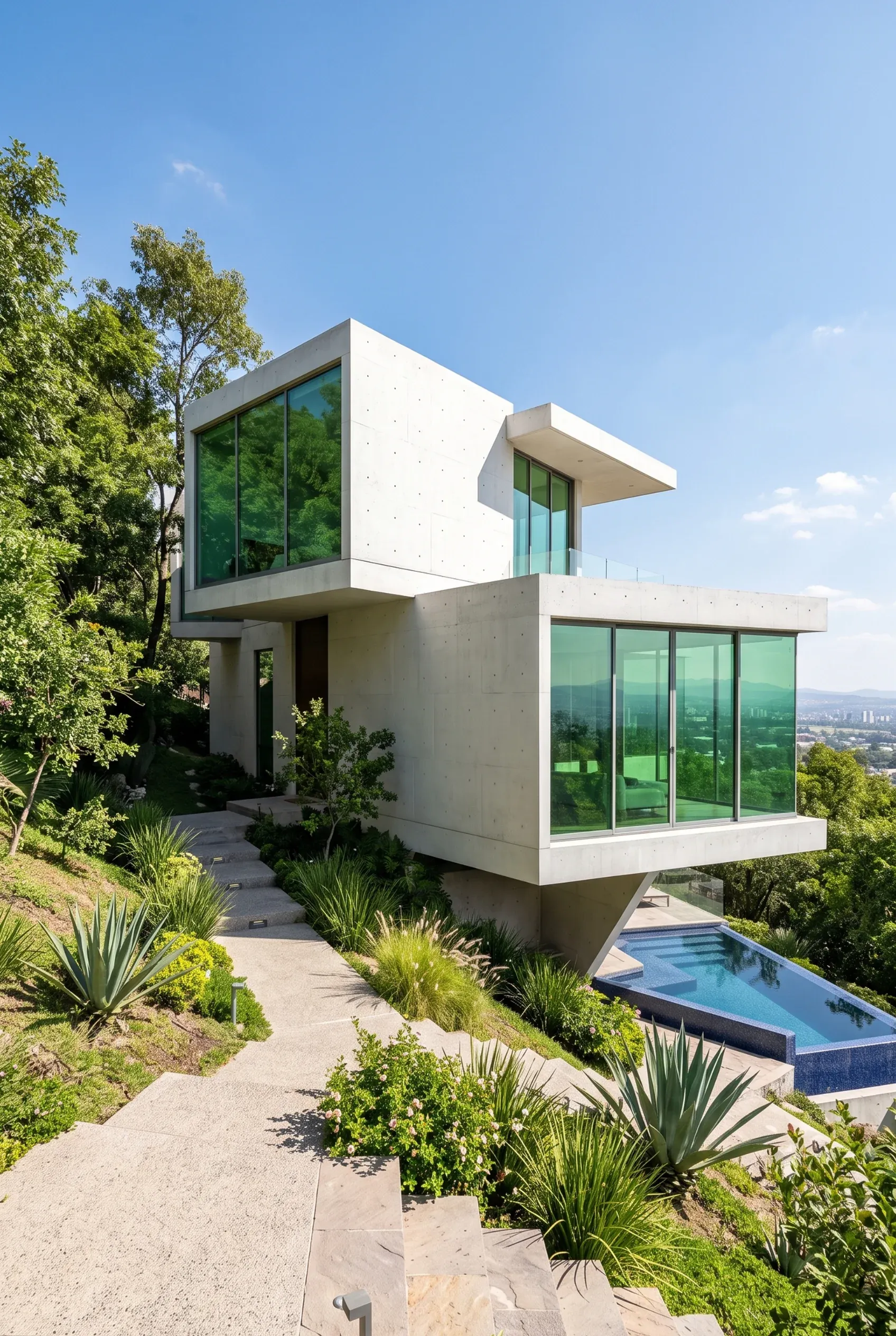 Vista exterior de una pequeña casa de lujo con piscina en un entorno de montaña, diseño exclusivo de RBA Residences en Zapopan.