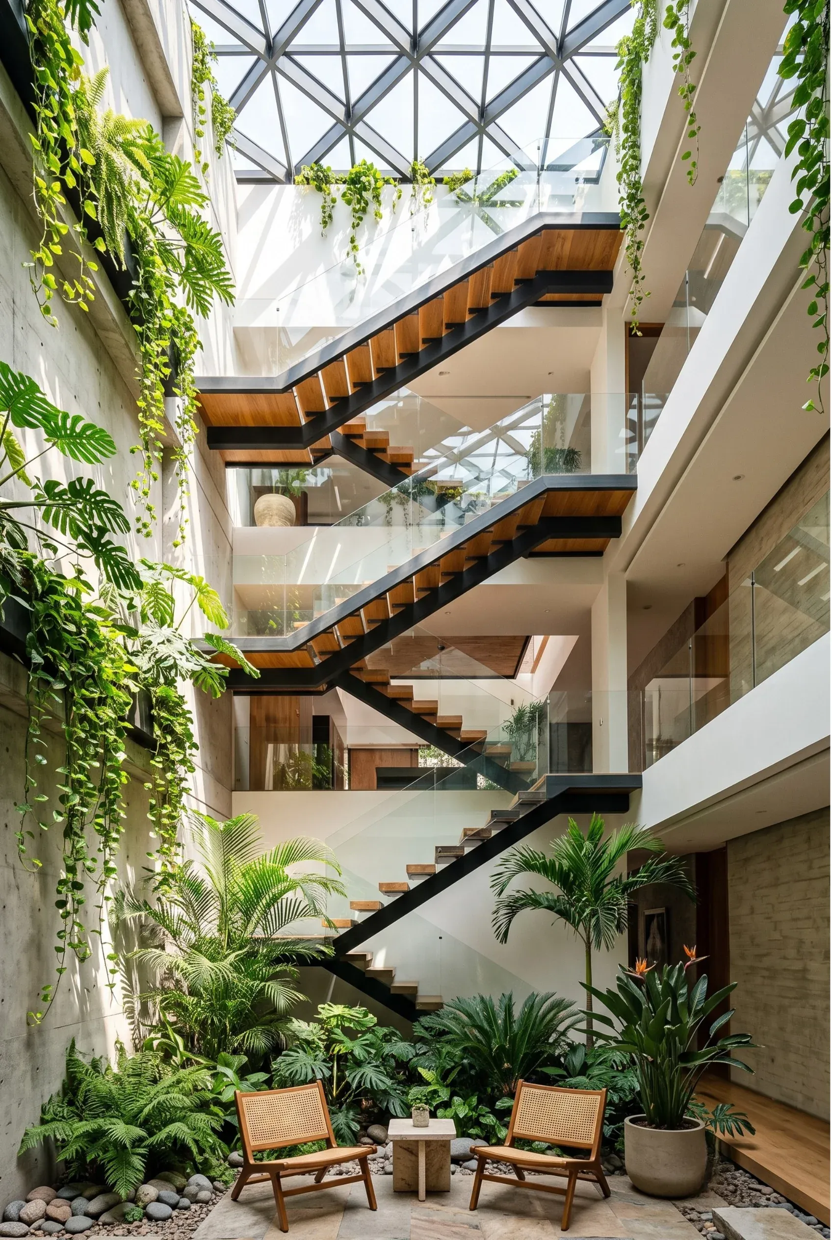 Atrio interior de varios niveles con escaleras de madera flotantes, tragaluz y vegetación tropical, diseño biofílico de RBA Residences en Zapopan.