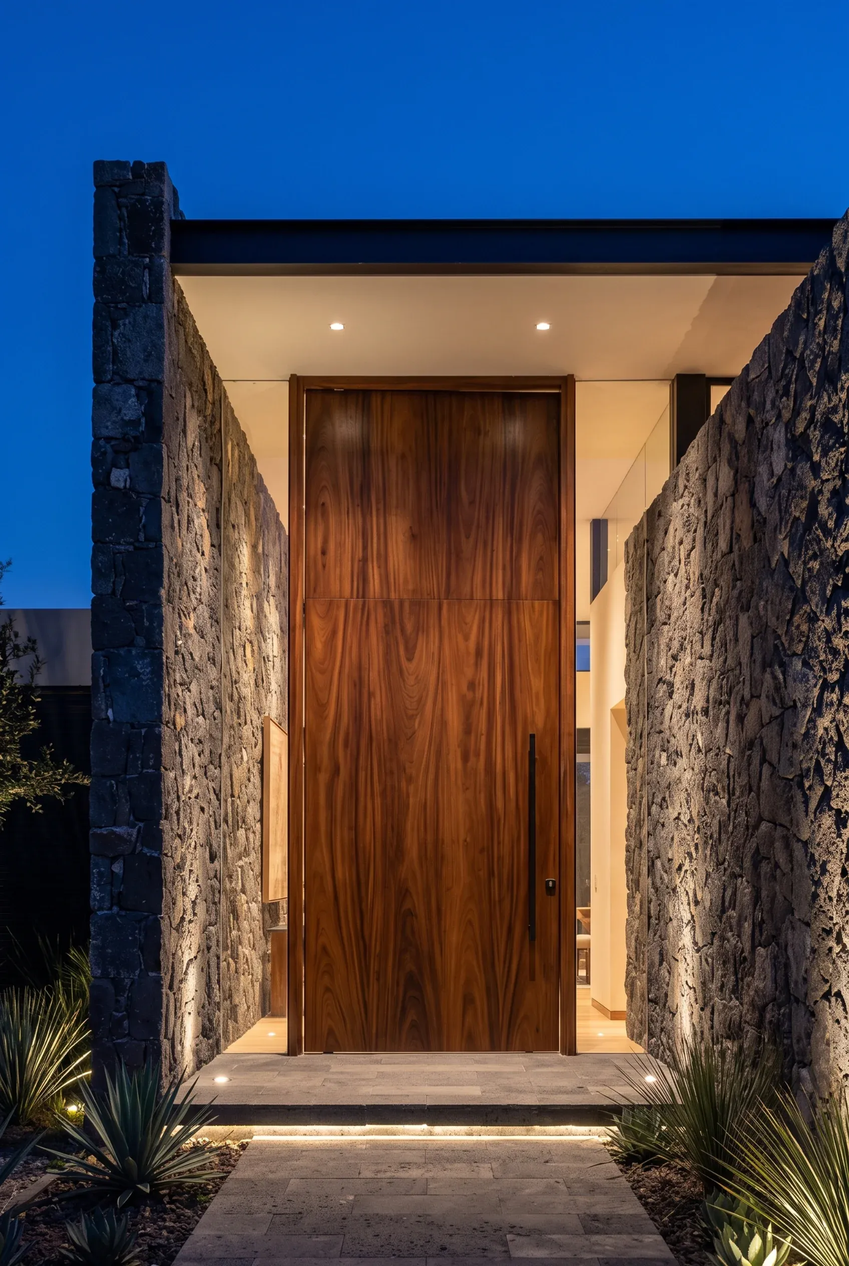 Imponente entrada moderna con puerta pivotante de madera, muros de piedra e iluminación cálida, diseño de fachada por RBA Residences en Zapopan.