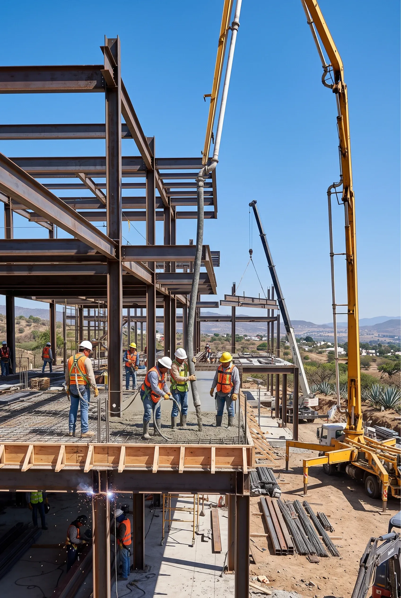 Trabajadores usando manguera de camión bomba para vaciar concreto en cimientos con estructura de acero, obra de RBA Residences en Zapopan.