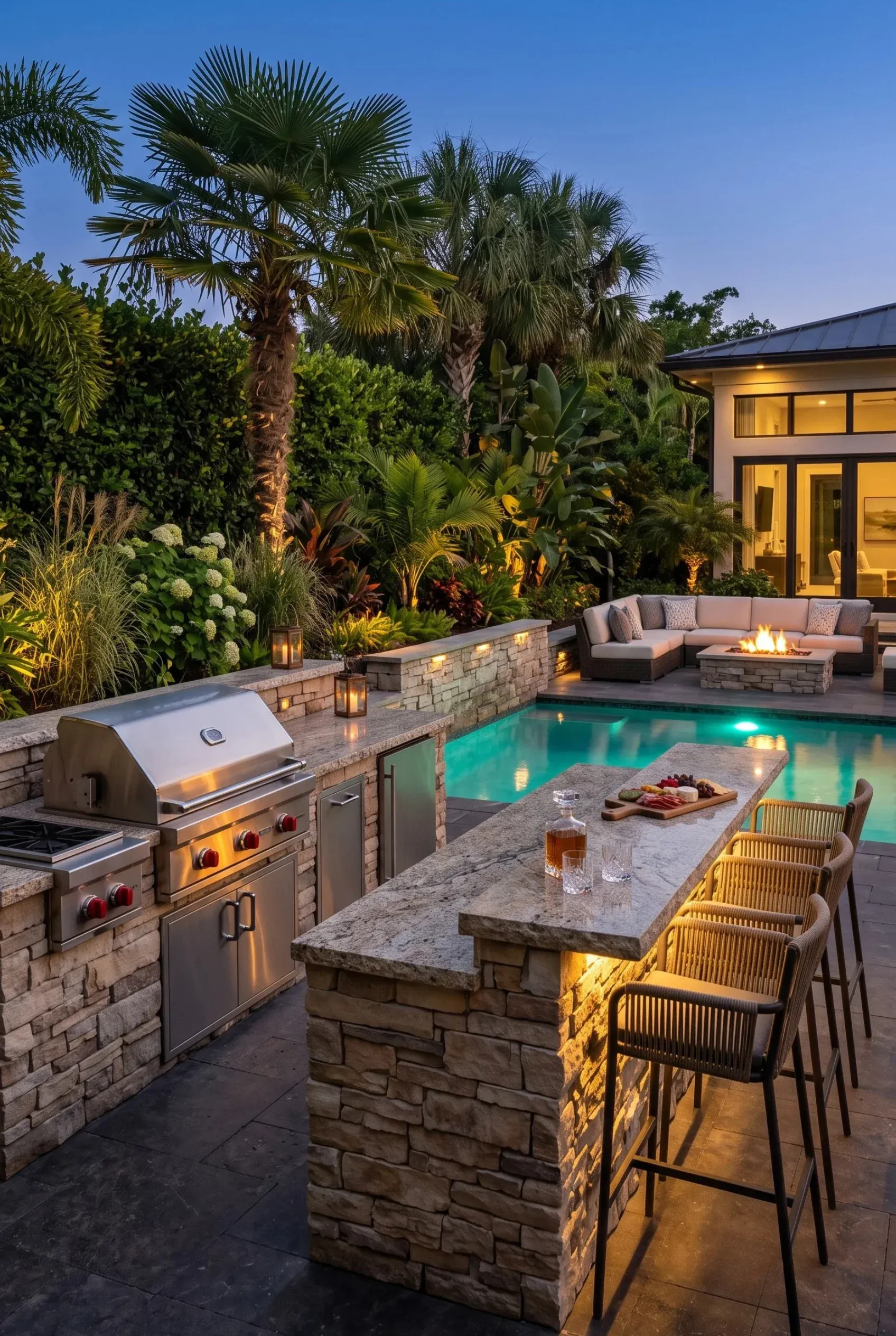 Patio exterior con isla de piedra, parrilla, piscina, área lounge con fogata y paisajismo tropical, diseño de exteriores de RBA Residences en Zapopan.