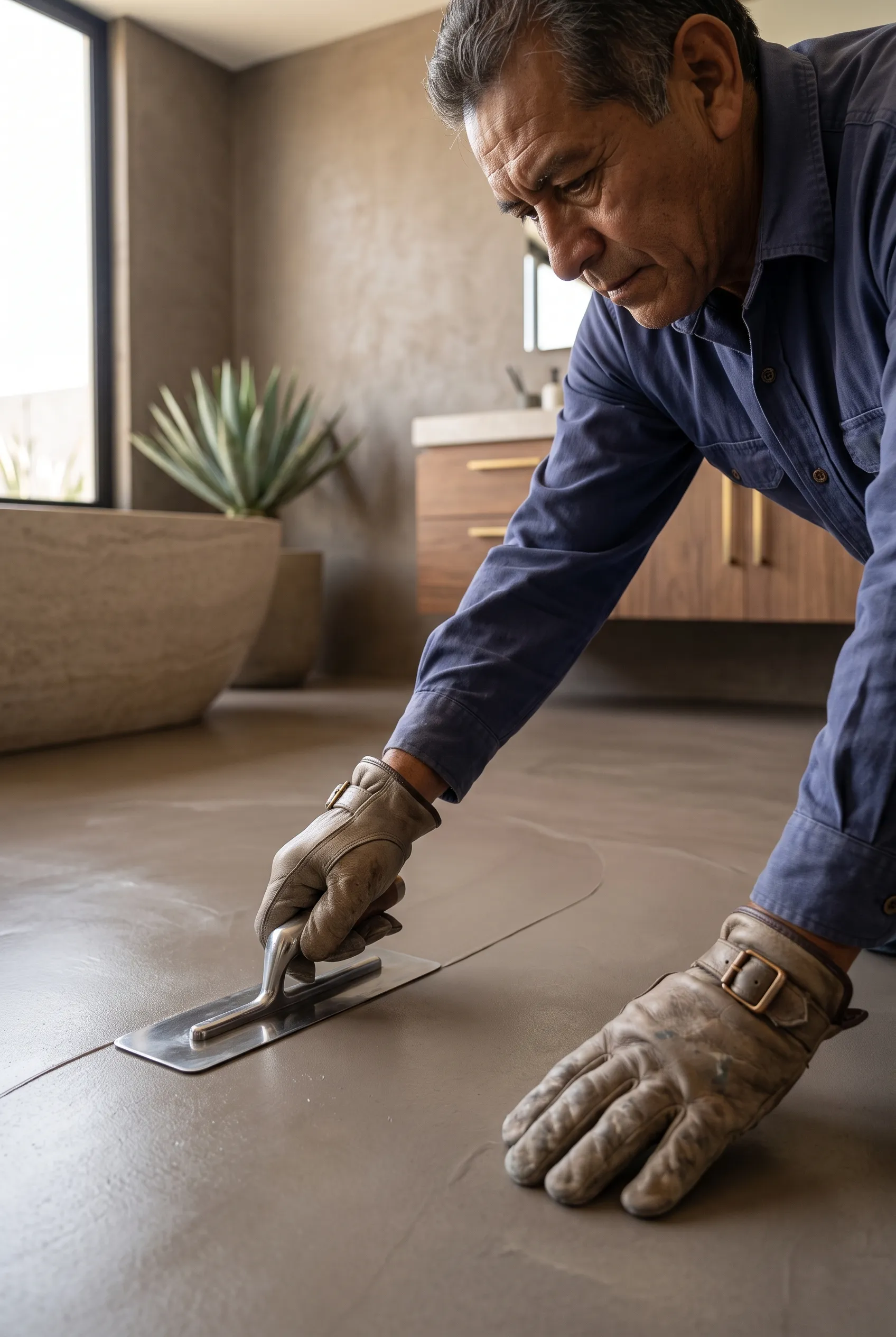 Artesano alisando piso de microcemento decorativo con llana de mano en un baño de lujo, acabados monolíticos de RBA Residences en Zapopan.