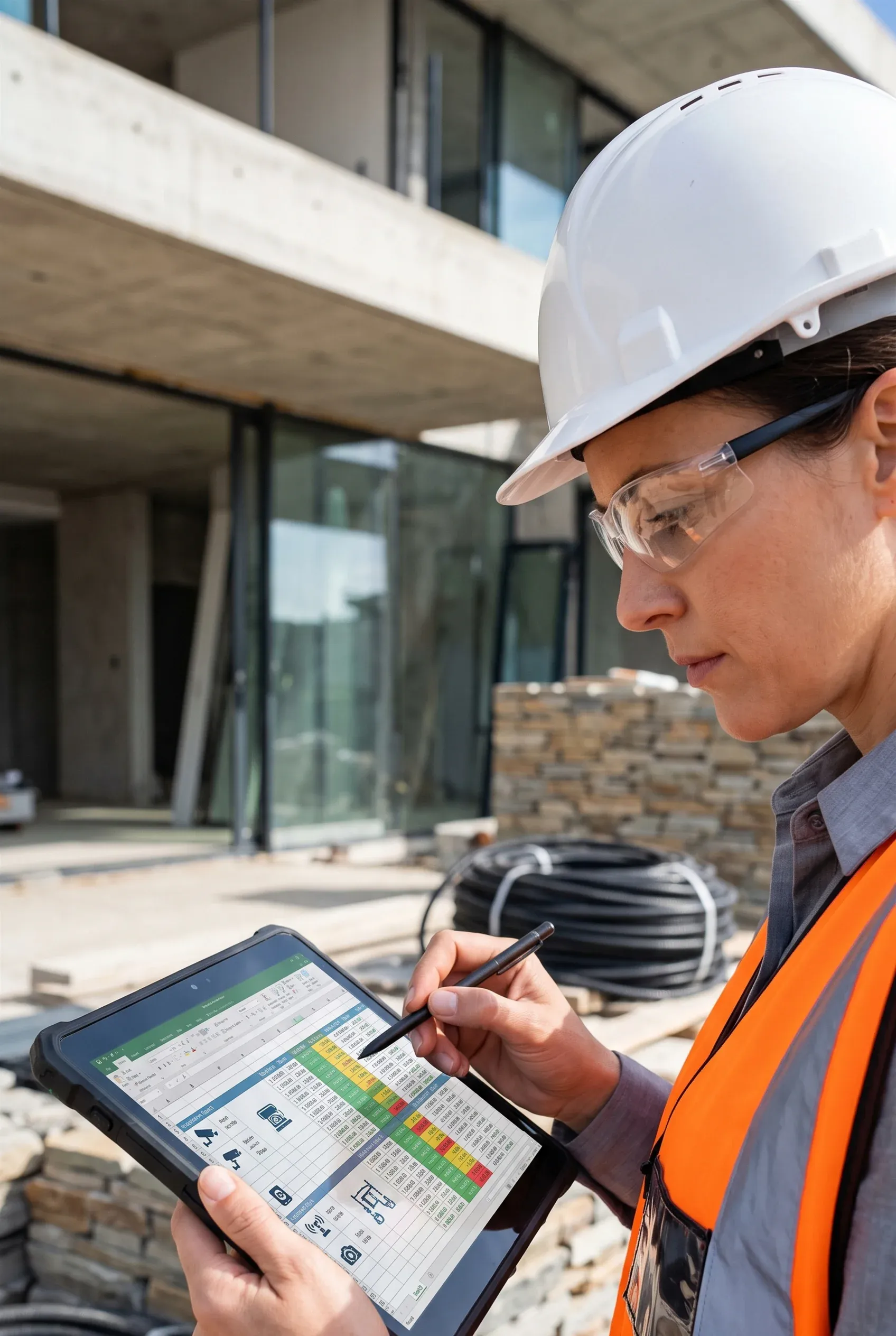 Mujer gerente de obra con casco blanco, gafas de seguridad y chaleco de alta visibilidad ingresando datos de inspección y métricas de progreso con un lápiz óptico en una tableta frente a una casa moderna en construcción, control de calidad de RBA Residences en Zapopan.