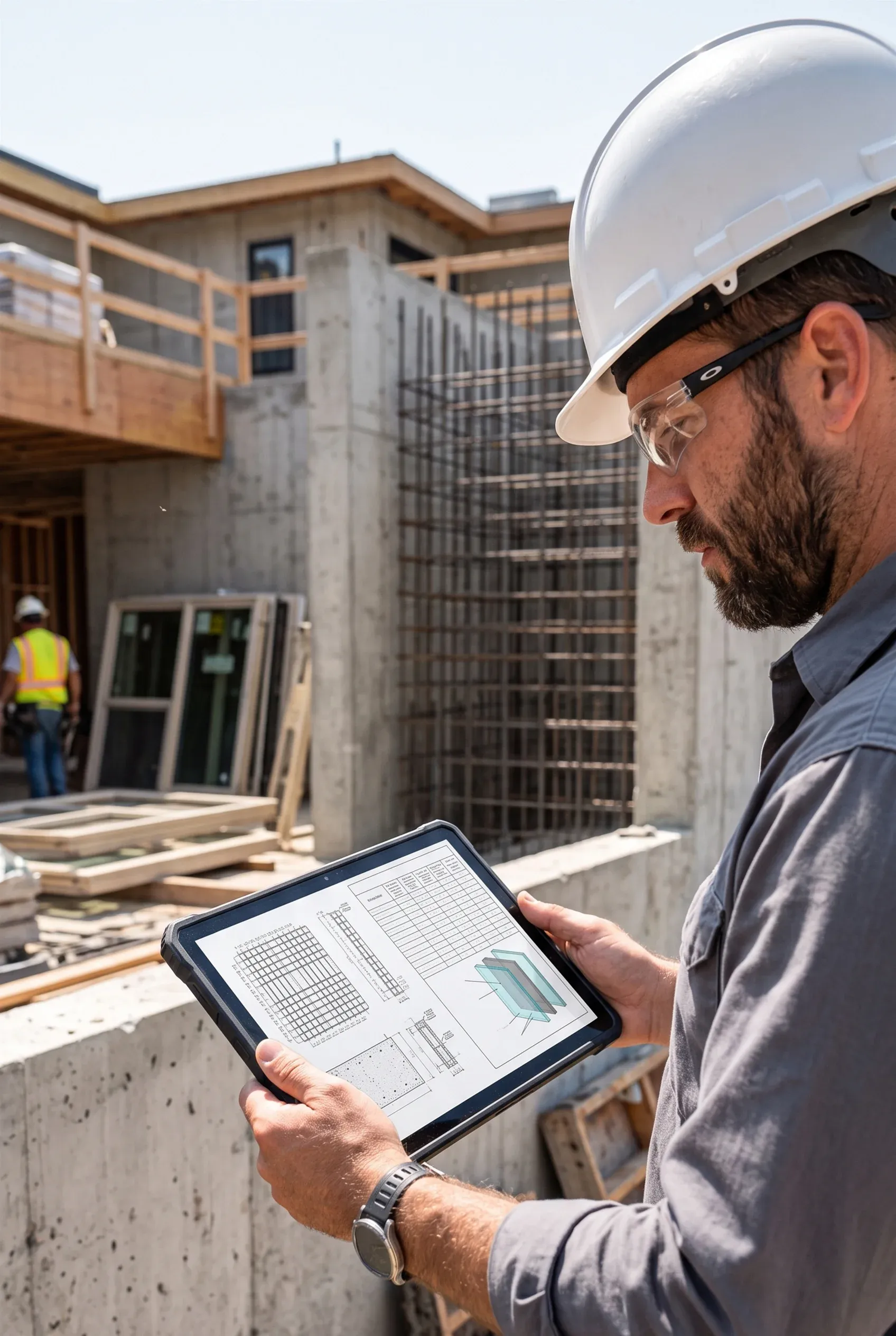 Ingeniero de sitio con casco y gafas de protección revisando esquemas estructurales y detalles de refuerzo de concreto en una tableta resistente en un sitio de construcción activo, integridad estructural de RBA Residences en Zapopan.