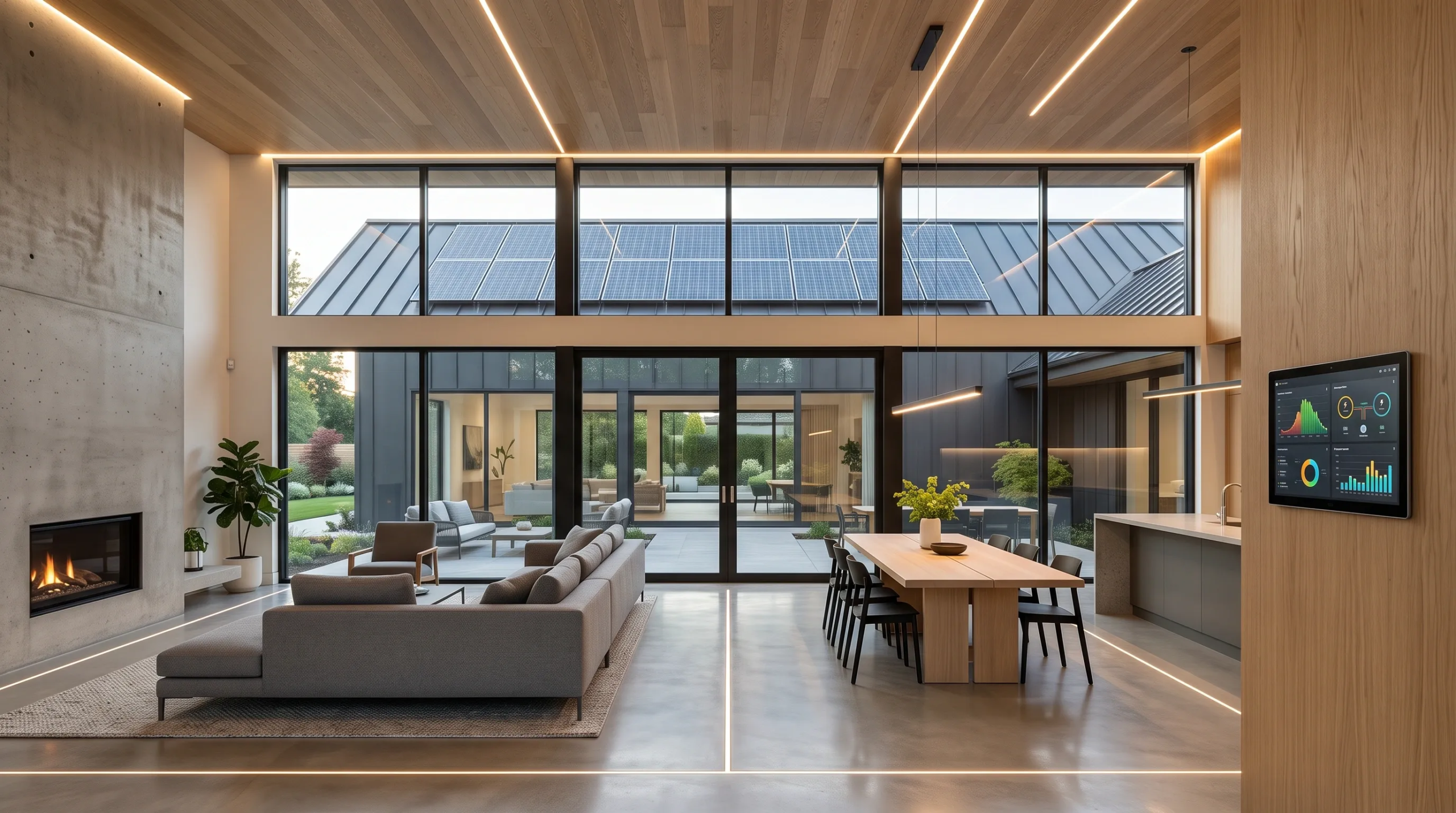 Espacio de estar moderno de lujo de concepto abierto con techos altos, iluminación lineal integrada, paneles de madera clara, pared de acento de concreto aparente con chimenea empotrada, puertas de vidrio hacia patio central y panel táctil de domótica, diseño de interiores de RBA Residences en Zapopan.