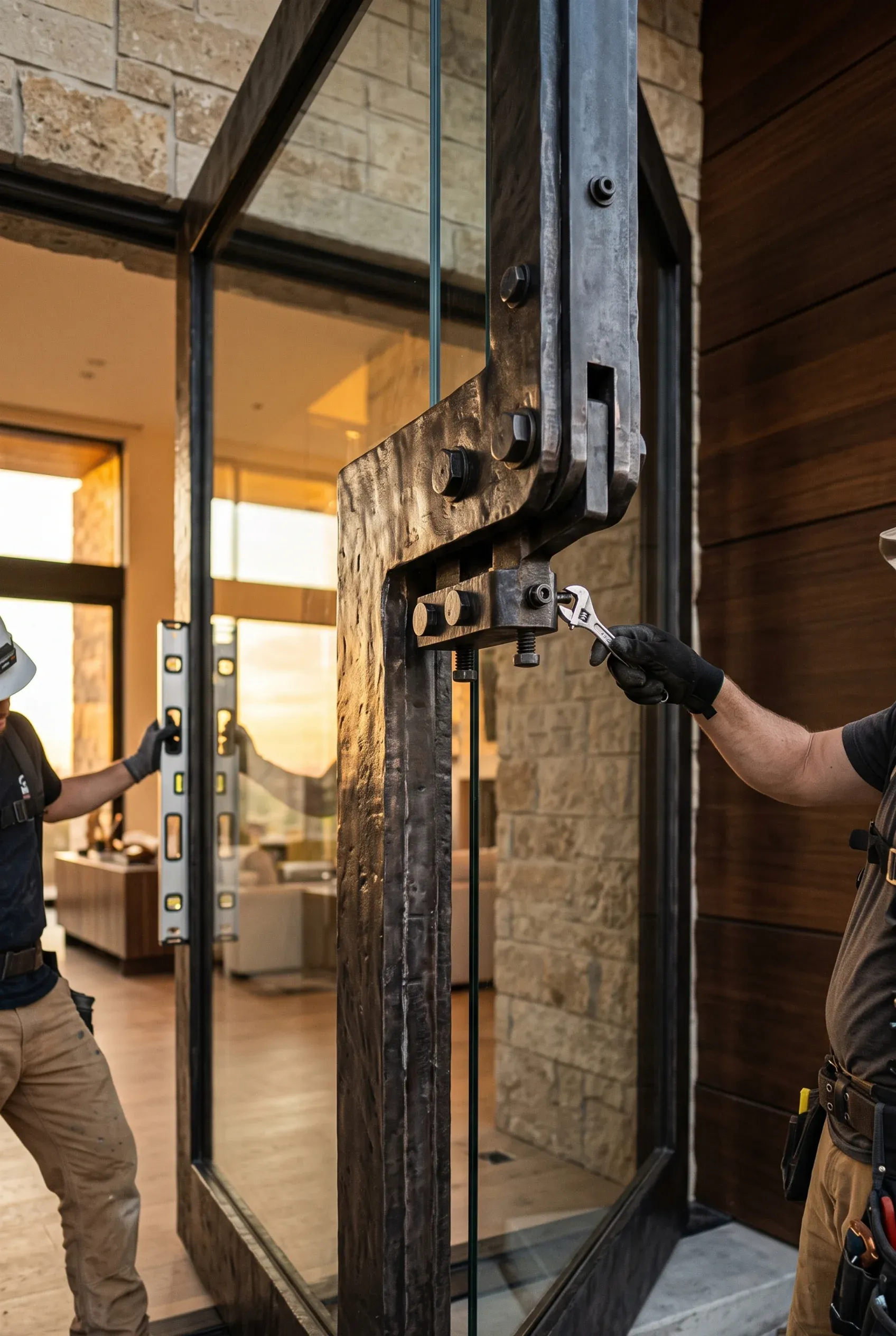 Dos trabajadores ajustando una pesada puerta pivote personalizada de acero con llave y nivel en una obra, instalación de accesos de lujo de RBA Residences en Zapopan.