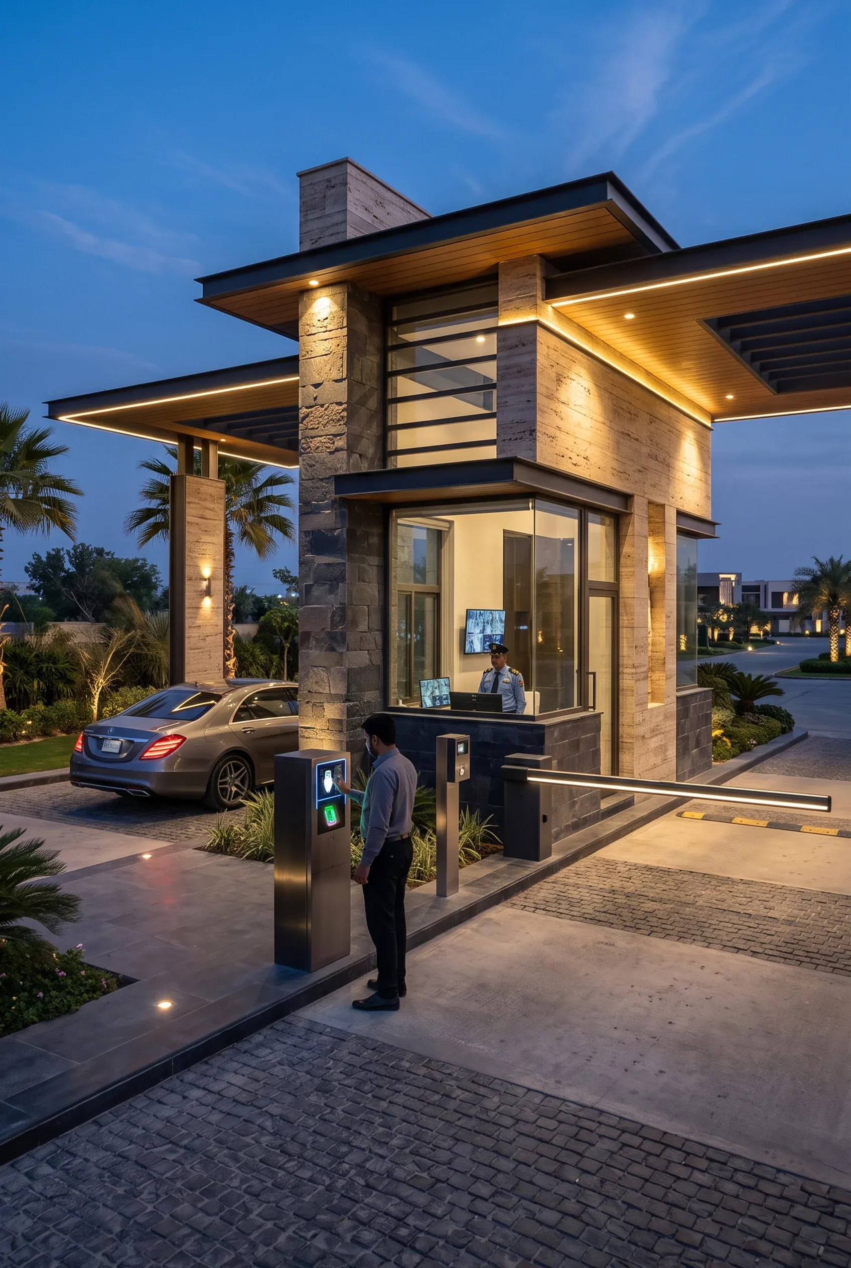 Entrada moderna con portón automatizado, terminal de control de acceso y caseta iluminada al atardecer, con un auto ingresando a la propiedad, seguridad y diseño de RBA Residences en Zapopan.