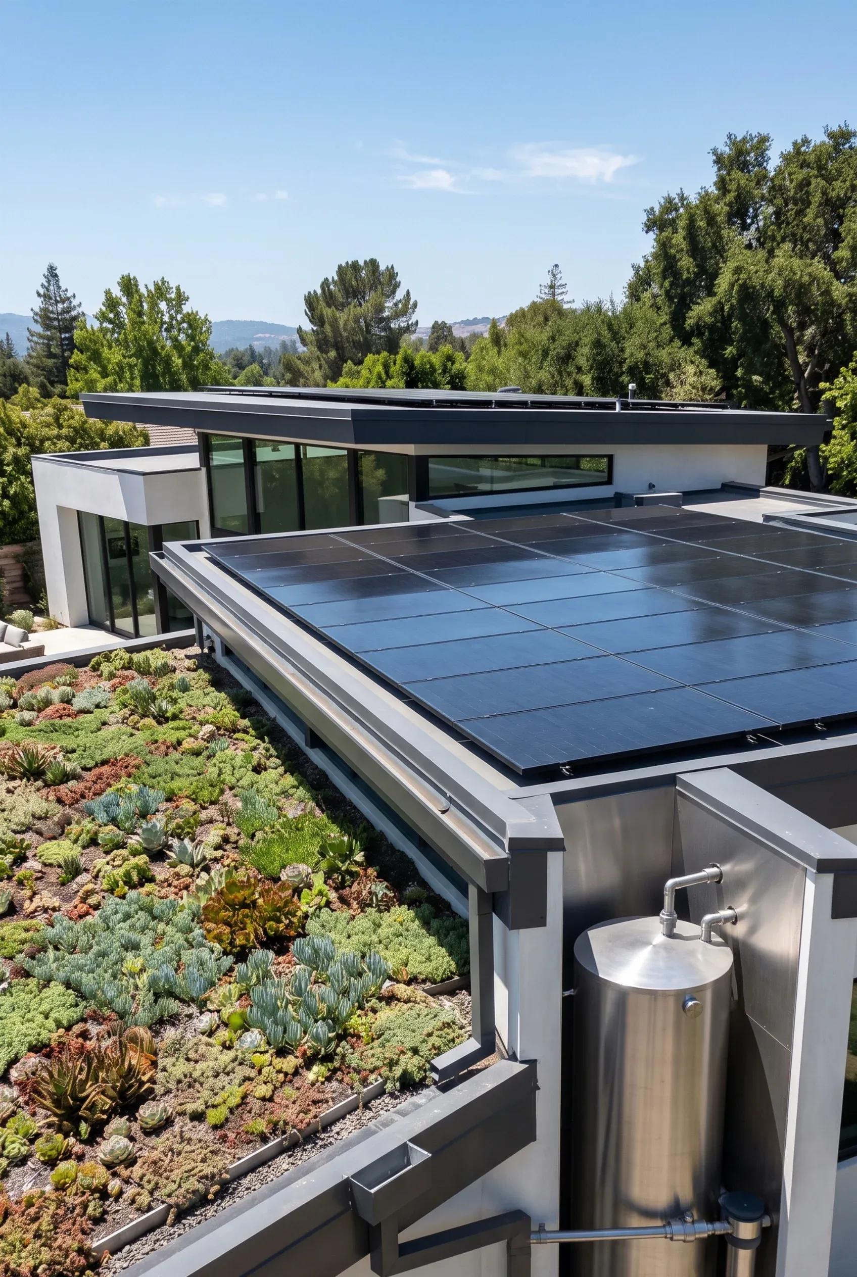 Azotea ecológica moderna con paneles solares, jardín de suculentas y tanque de agua de acero inoxidable, diseño sustentable de RBA Residences en Zapopan.