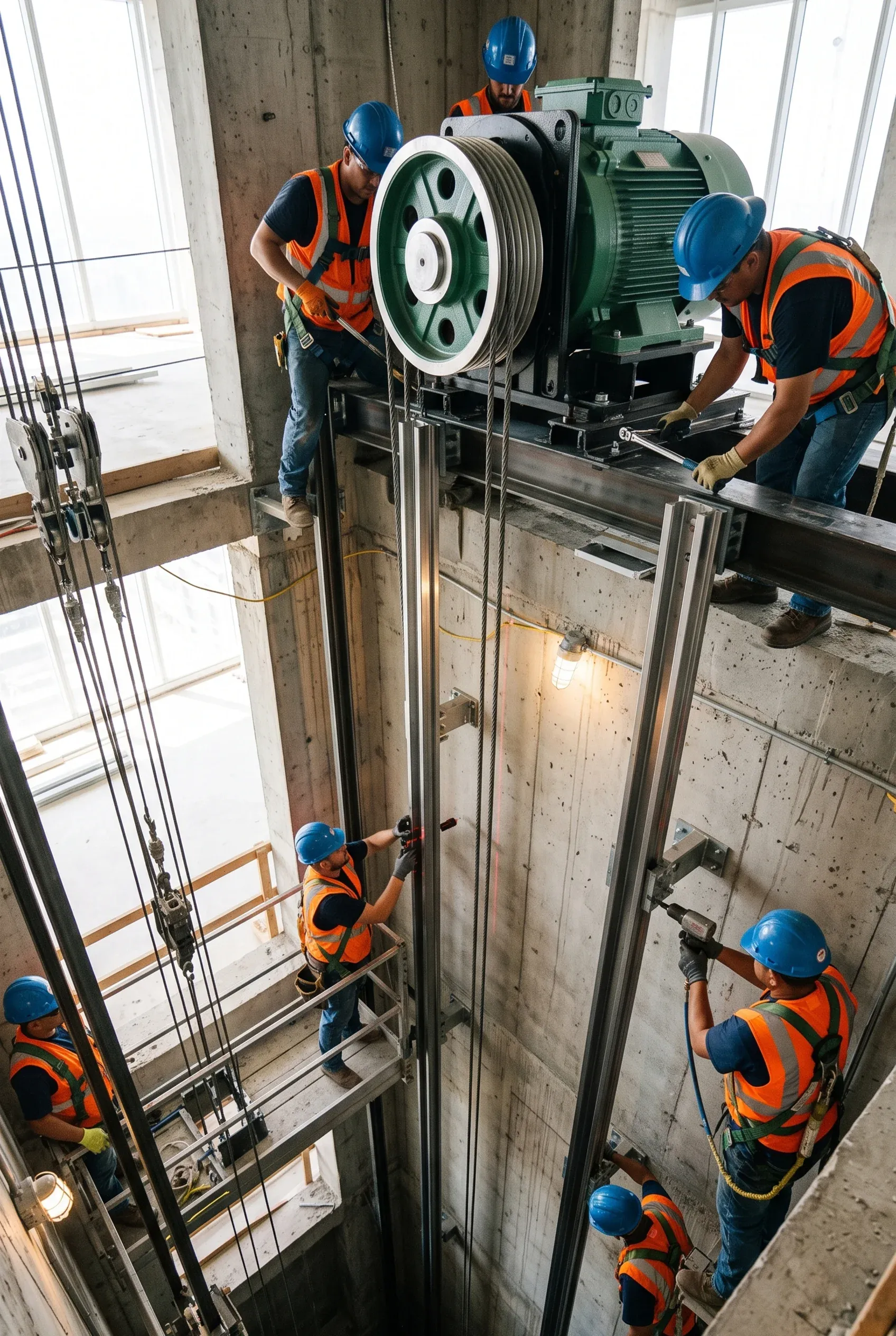 Técnicos instalando y alineando rieles guía y maquinaria de motor de tracción para elevador dentro de un shaft, integración de elevadores privados de RBA Residences en Zapopan.