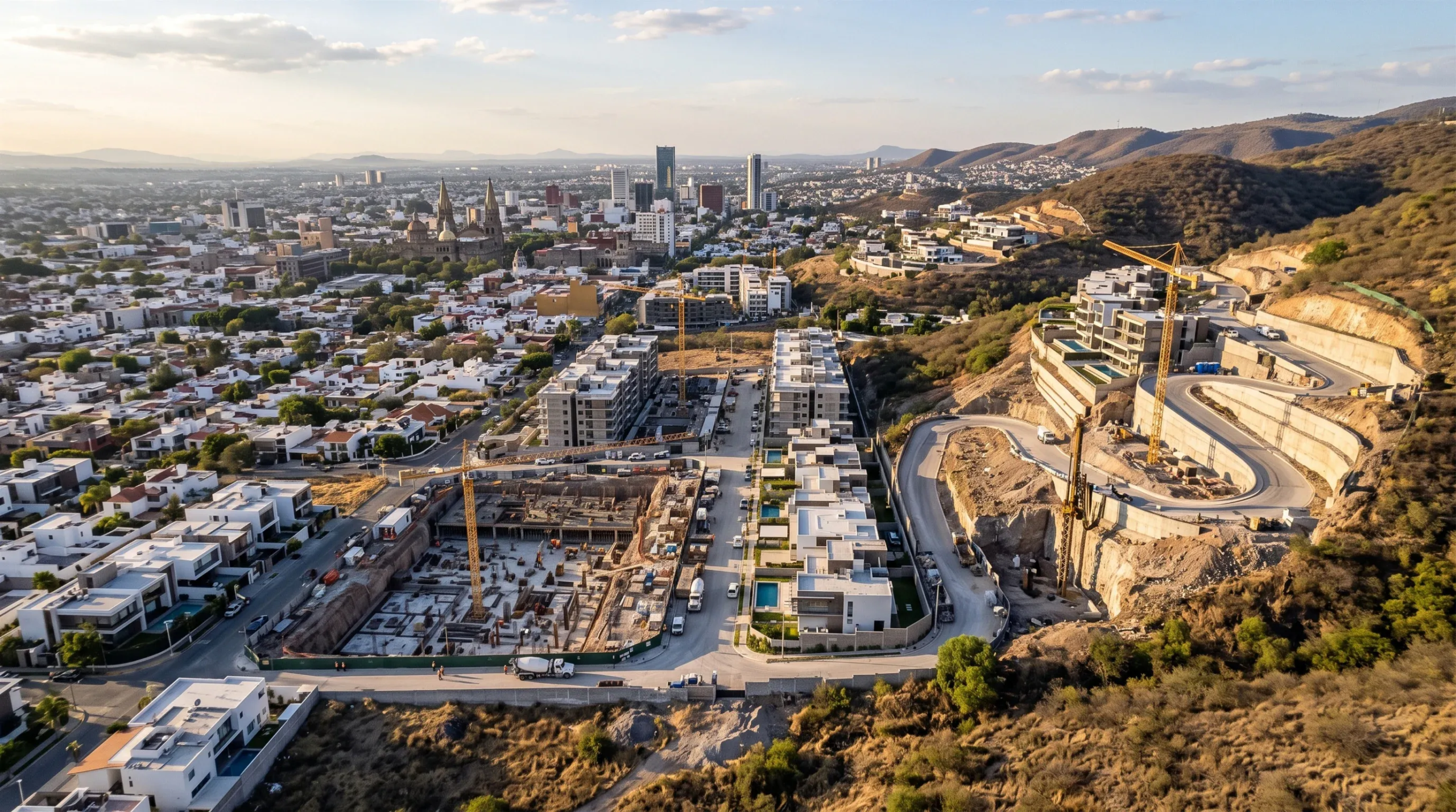 Vista aérea de proyectos de desarrollo residencial activo en una ladera junto al horizonte urbano con grúas de construcción, caminos sinuosos y cimentaciones, desarrollo estratégico de RBA Residences en Zapopan.