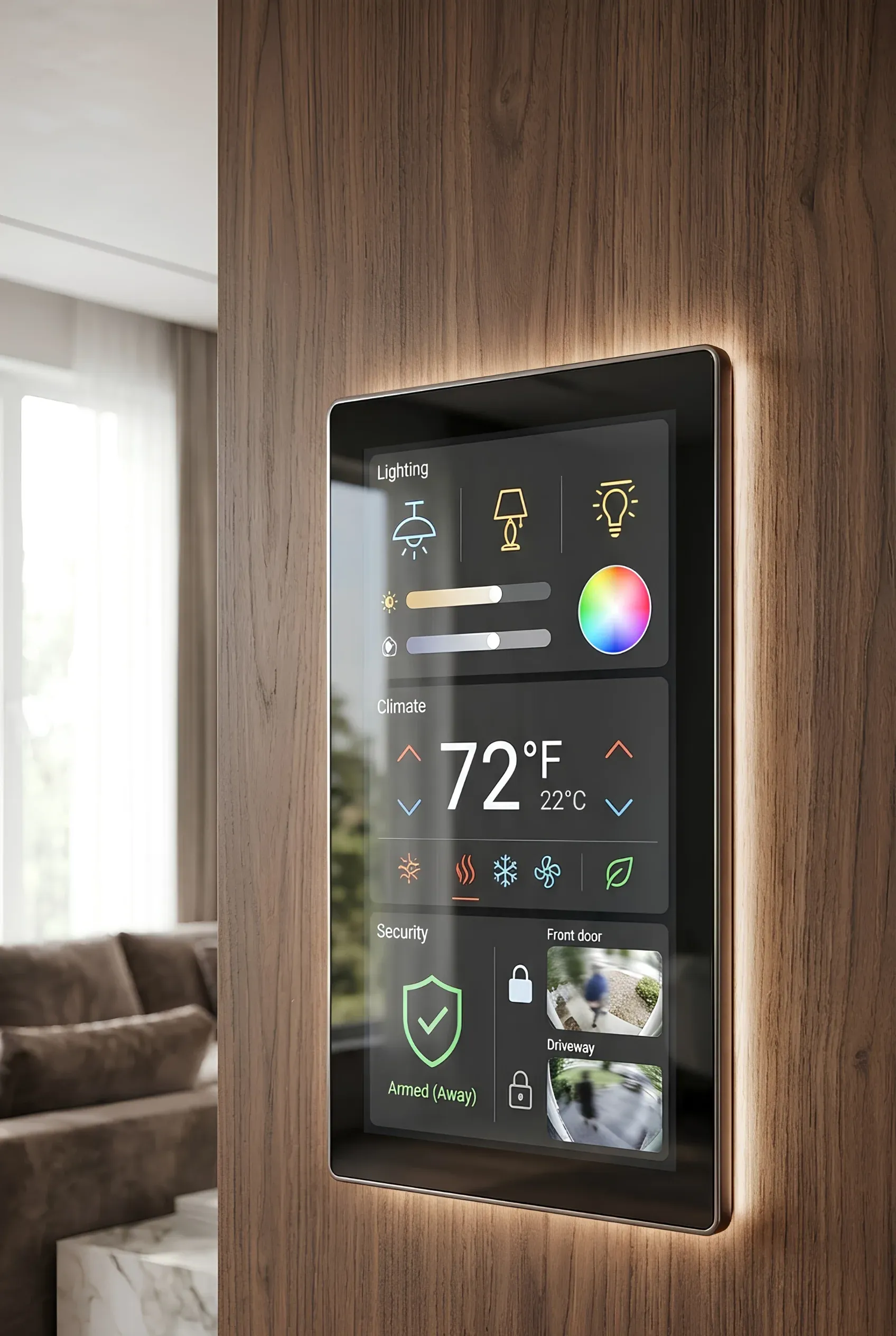 Panel de control de domótica con iluminación trasera sobre panel de madera oscura mostrando ajustes de luz, clima a 22°C y feeds de seguridad, automatización de RBA Residences en Zapopan.