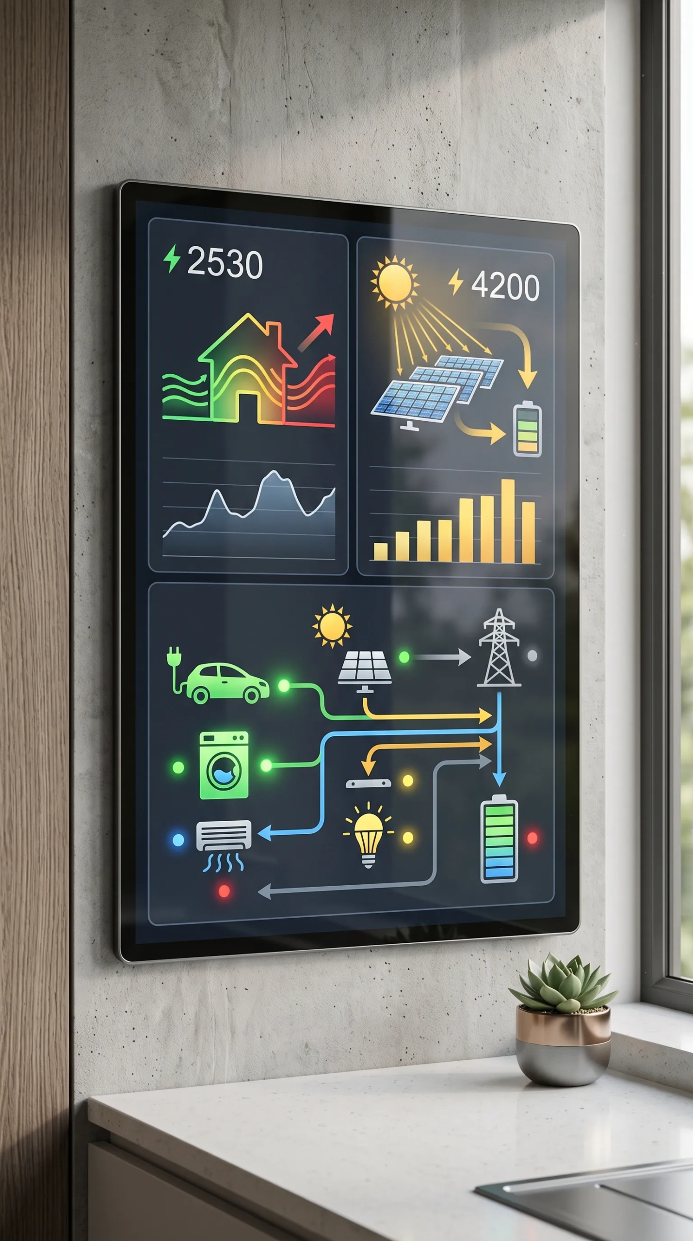 Pantalla de gesti&oacute;n energ&eacute;tica inteligente montada en pared mostrando consumo de energ&iacute;a, generaci&oacute;n de paneles solares, estado de bater&iacute;as y enrutamiento de carga de electrodom&eacute;sticos, sostenibilidad activa de RBA Residences en Zapopan.