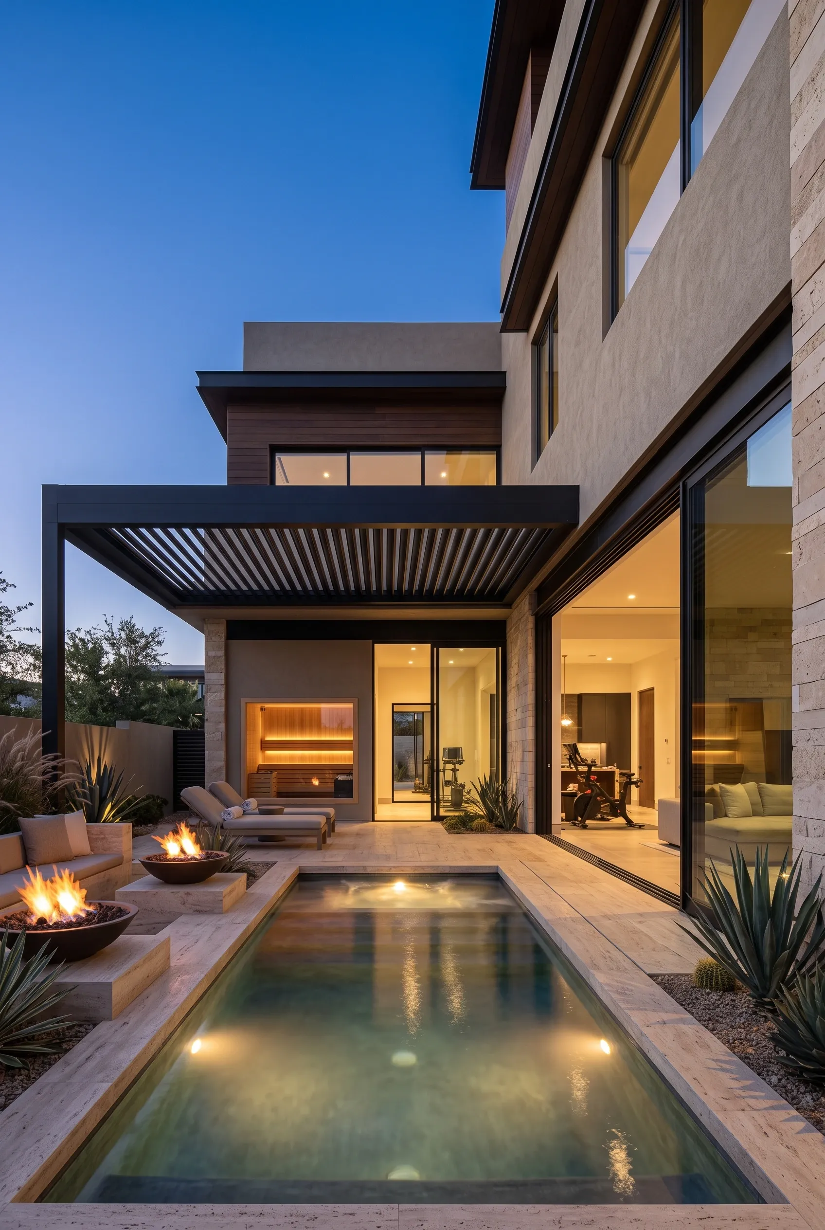 Vista crepuscular de casa de lujo moderna con alberca rectangular, fogatas integradas, pérgola bioclimática y puertas corredizas de vidrio, diseño exterior de RBA Residences en Zapopan.