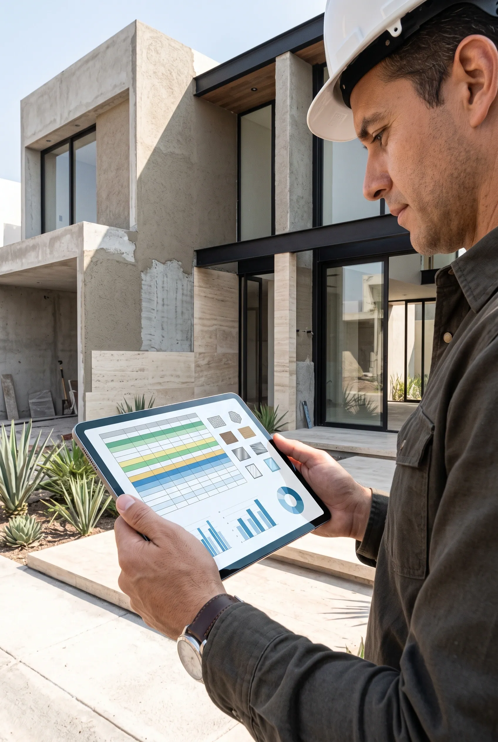 Supervisor monitoreando y inspeccionando presupuestos de proyecto, cronogramas de materiales y m&eacute;tricas de progreso de construcci&oacute;n en una tableta digital, control integral de RBA Residences en Zapopan.
