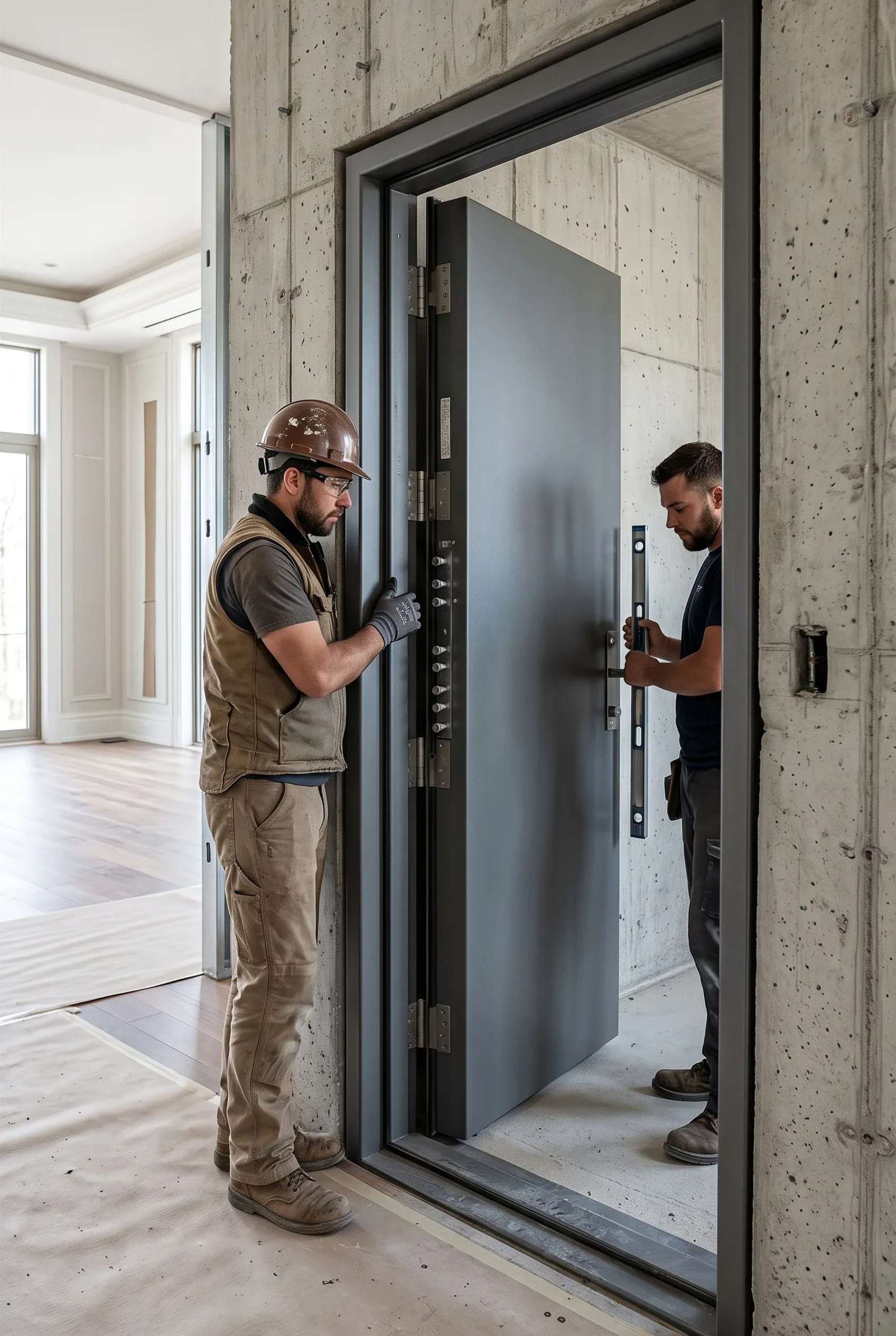 Dos técnicos instalando y nivelando una puerta de seguridad de alta resistencia en un marco de concreto reforzado, protección perimetral de RBA Residences en Zapopan.