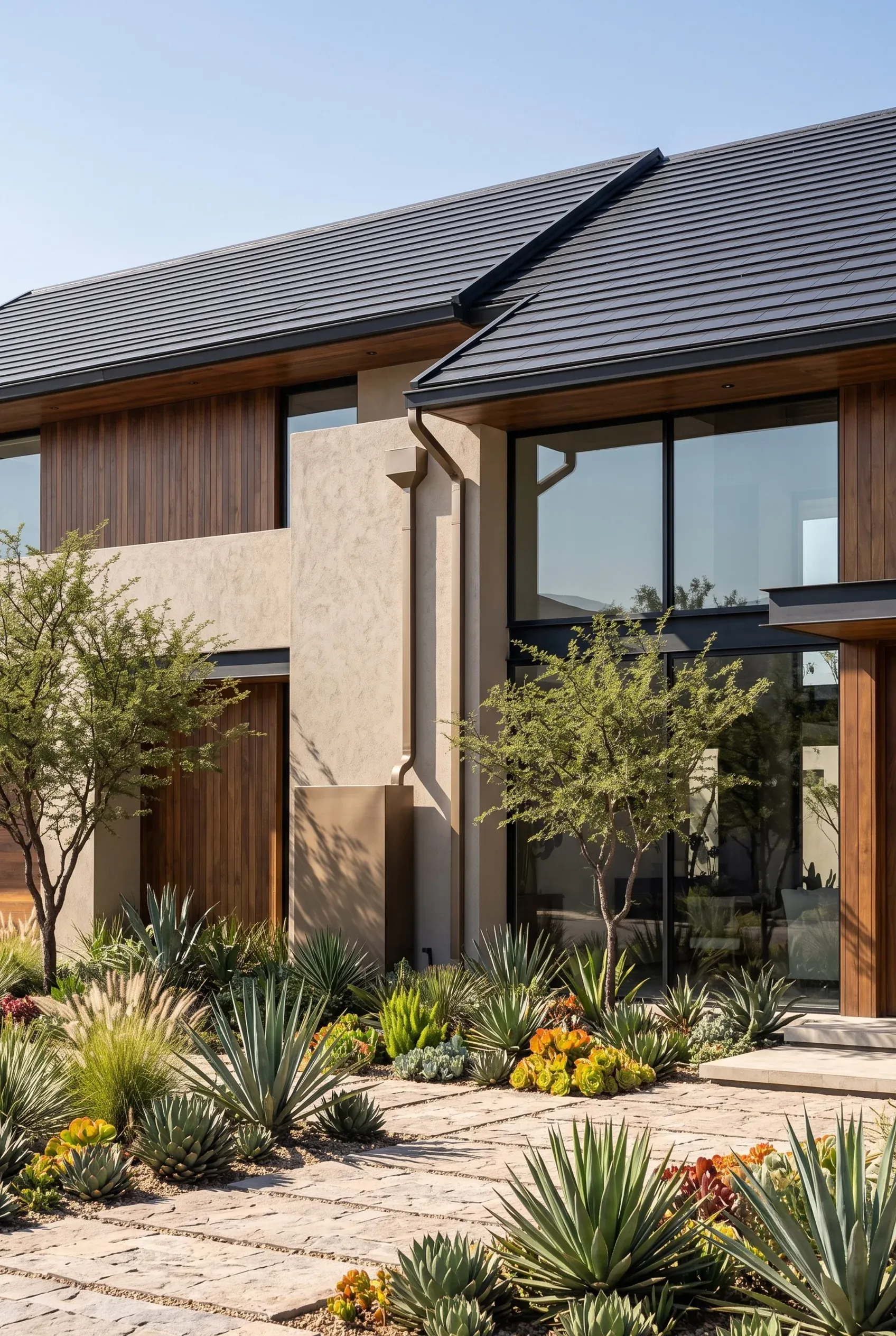 Exterior moderno de casa con revestimiento de madera, tejas oscuras, grandes ventanales y jardinería desértica resistente a la sequía, diseño de RBA Residences en Zapopan.