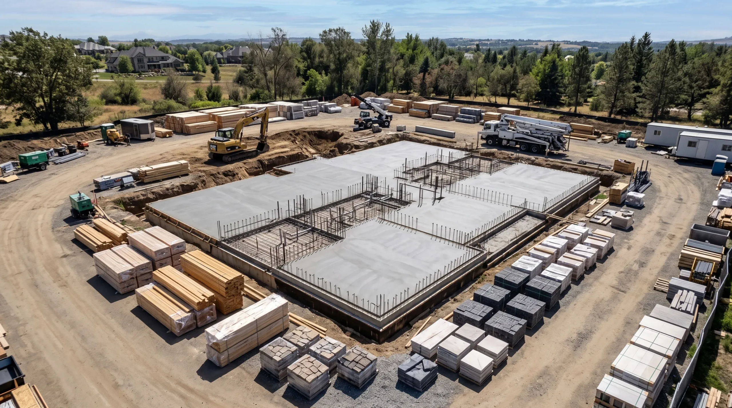 Vista aérea de sitio de construcción residencial con losa de cimentación, materiales apilados, madera, bloques y equipo pesado, logística de obra de RBA Residences en Zapopan.