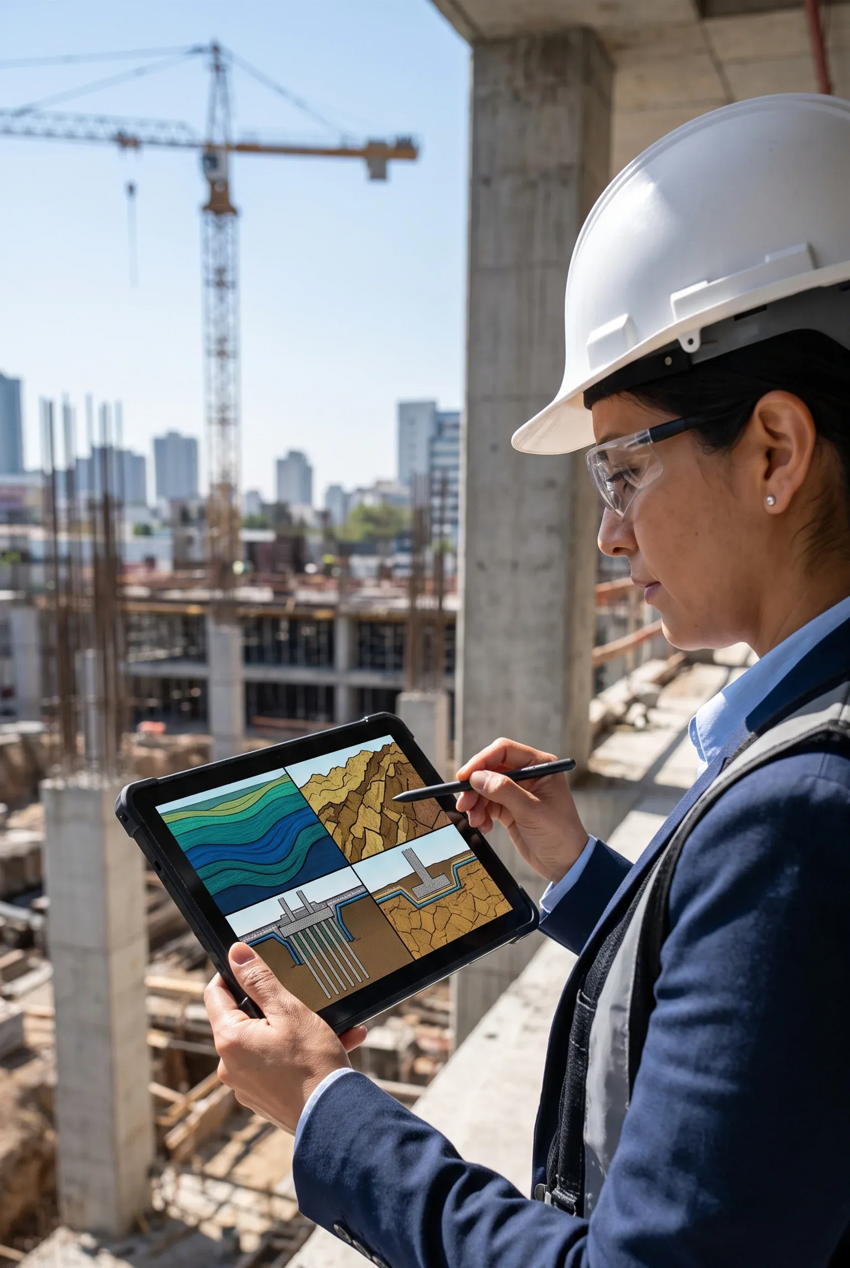 Ingeniera geotécnica con casco blanco y gafas de protección usando un lápiz óptico en una tableta resistente para analizar estratos geológicos y secciones de cimentación en un sitio de construcción urbano activo con grúa torre al fondo, análisis de suelos de RBA Residences en Zapopan.