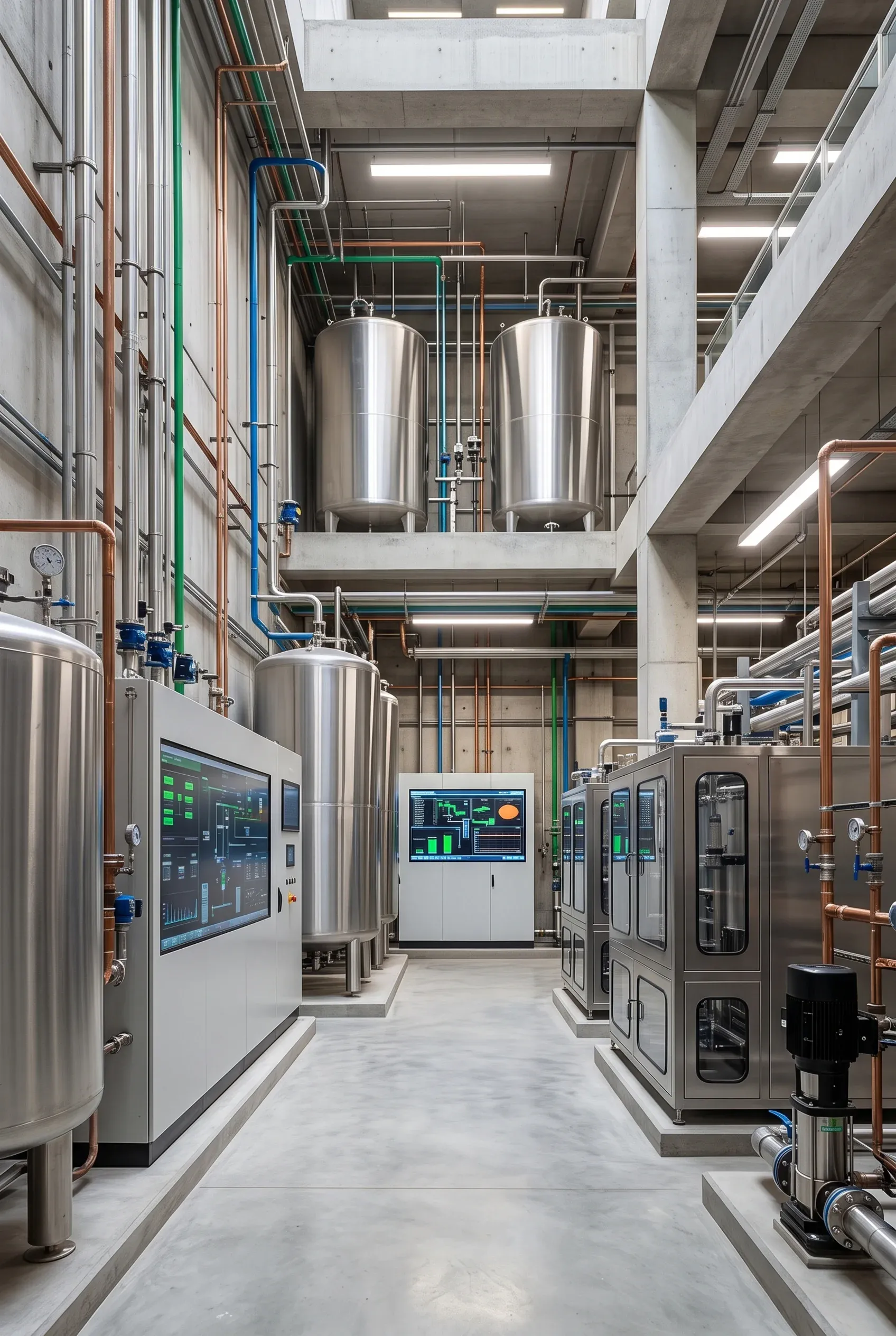 Instalación industrial con grandes tanques de almacenamiento de acero inoxidable, paneles de control automatizados y extensa tubería aérea, infraestructura de servicios de RBA Residences en Zapopan.